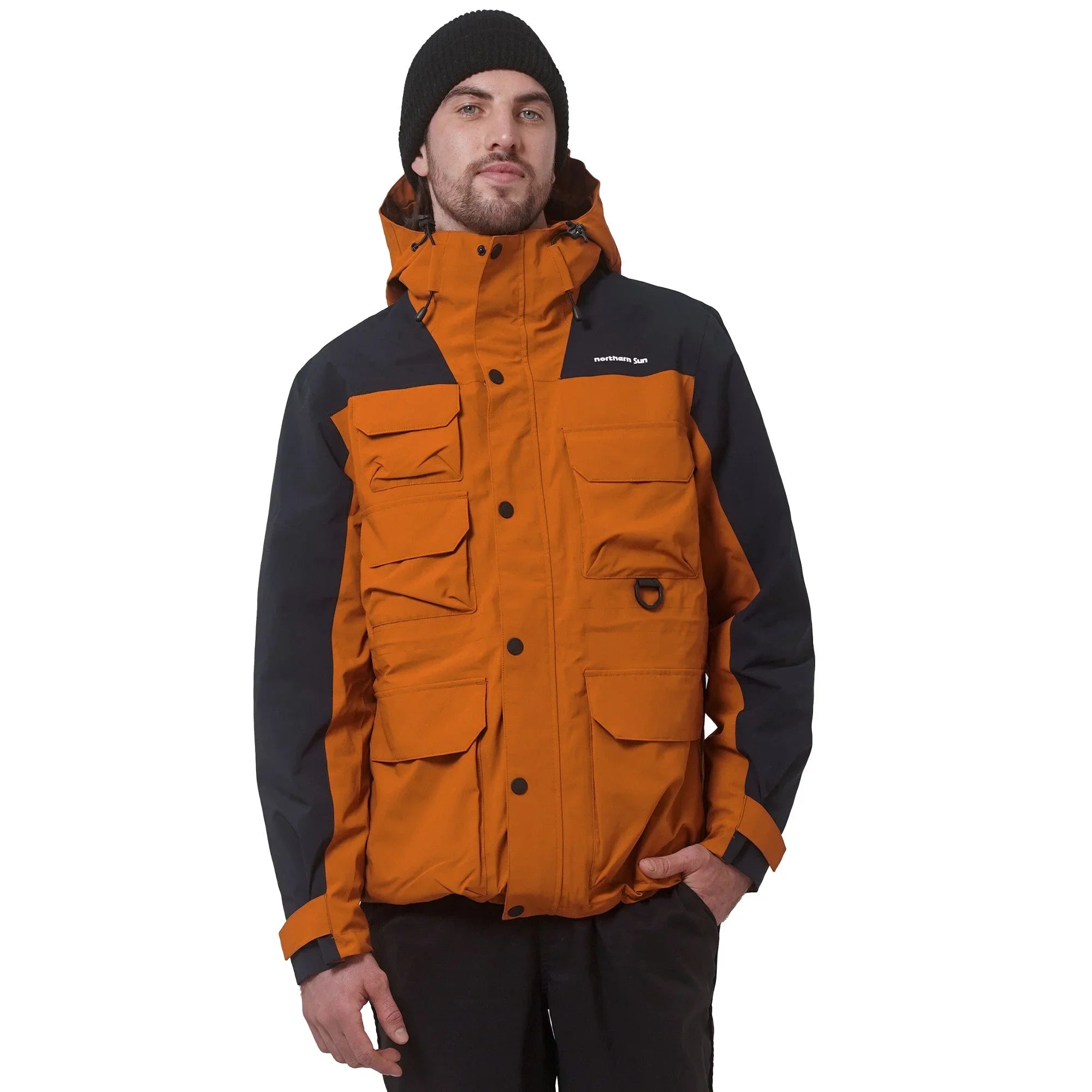 Man wearing Northern Sun men's 3-in-1 orange parka with hood and multiple front pockets