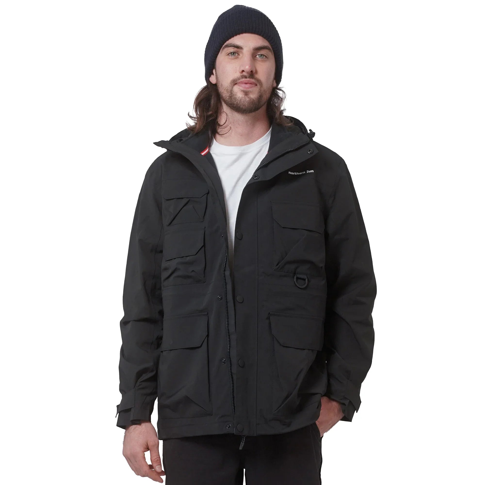 Man wearing Northern Sun men's black 3-in-1 parka with multiple front pockets