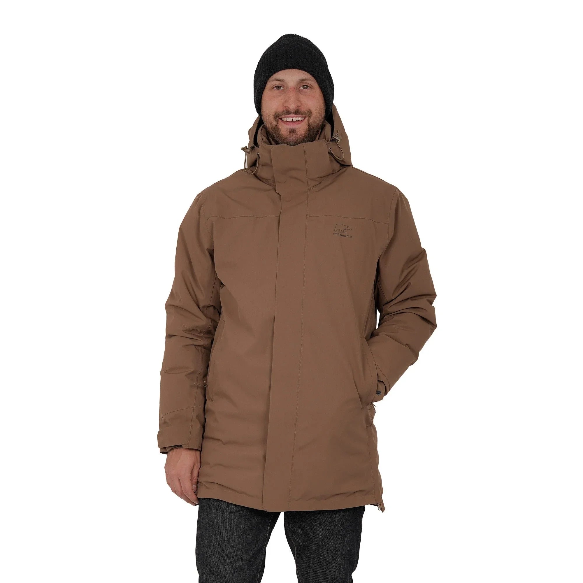 Man wearing brown winter parka jacket and black knit beanie on white background