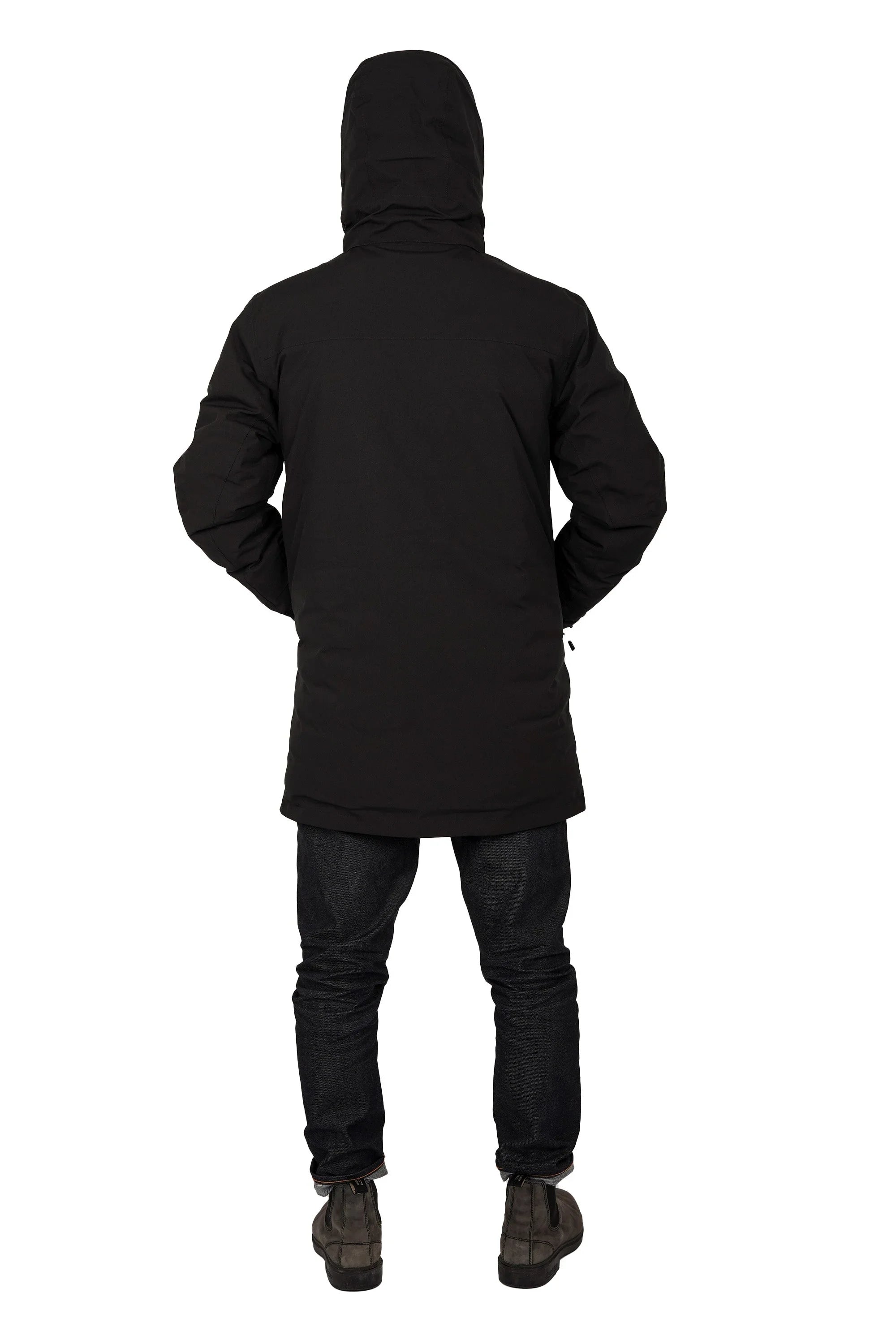Man wearing black hooded winter parka, jeans, and boots, back view on white background
