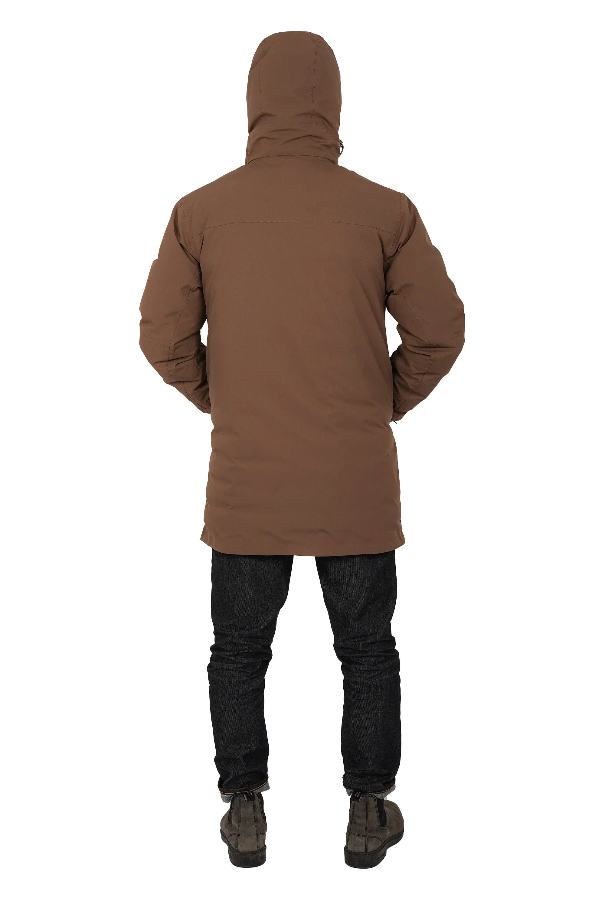 Back view of person wearing brown hooded winter parka, black jeans, and brown boots on white background