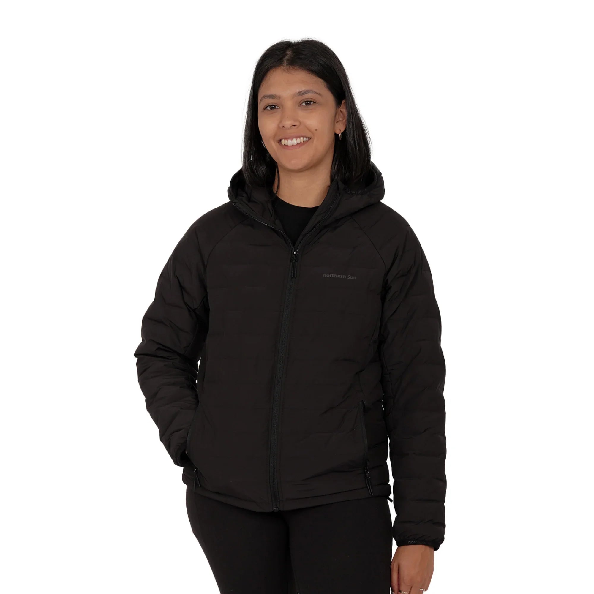 Woman wearing black Northern Sun Dawson lightweight down jacket with hood