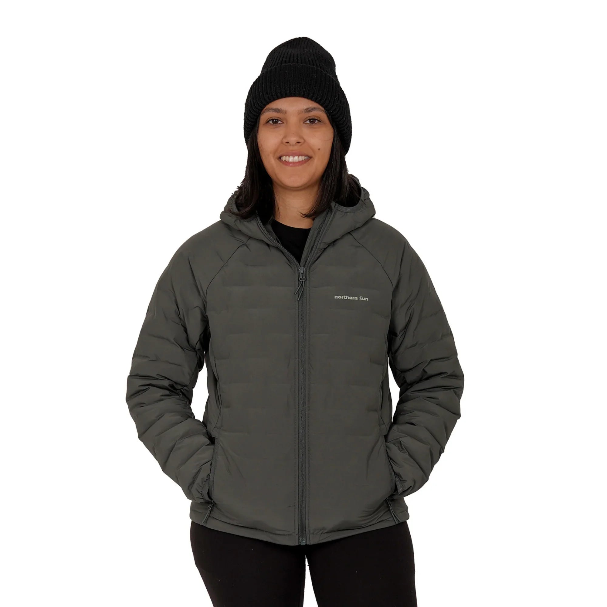 Woman wearing Northern Sun women's Dawson lightweight down jacket and black knit beanie