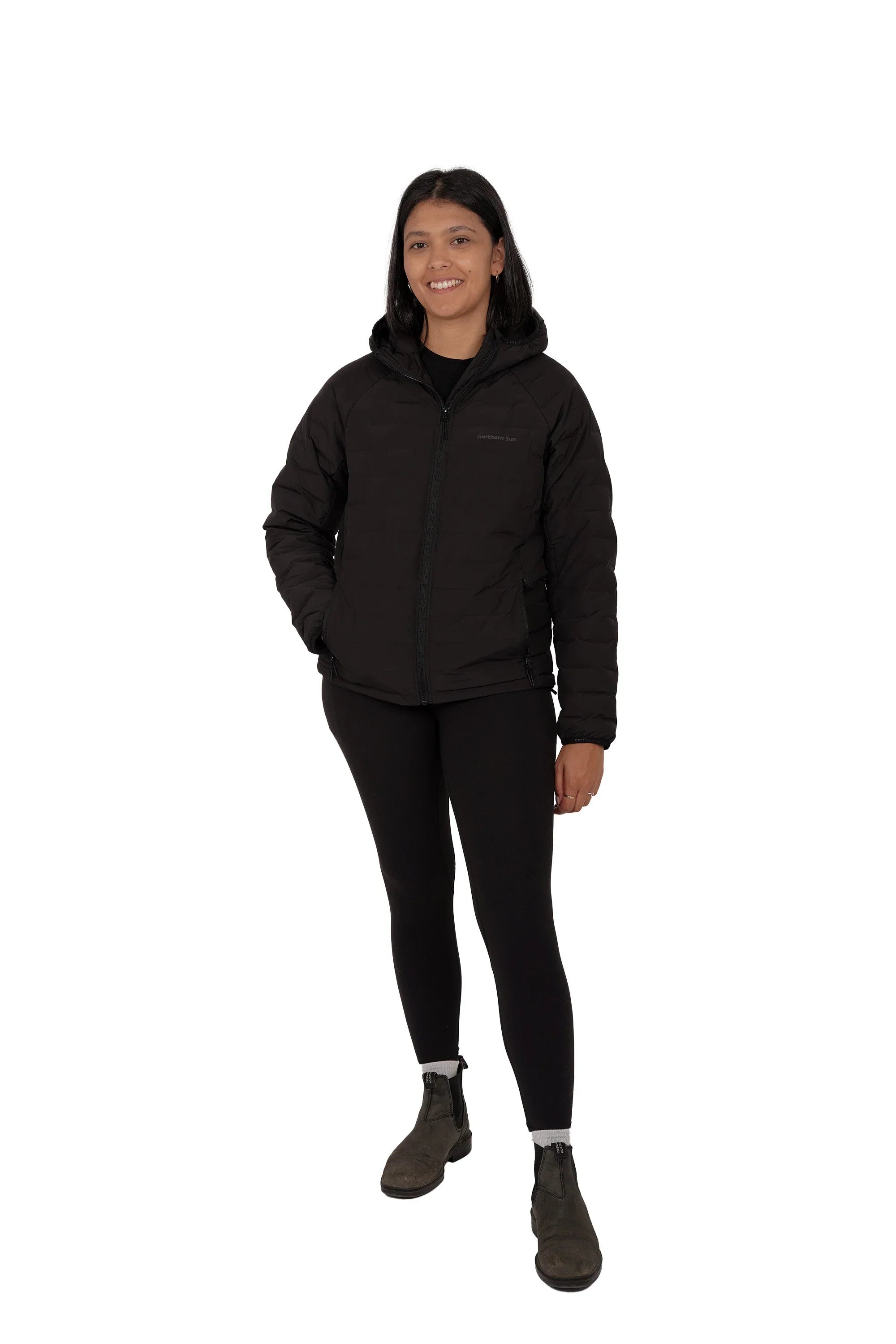 Woman modeling black Northern Sun Dawson lightweight down jacket on white background