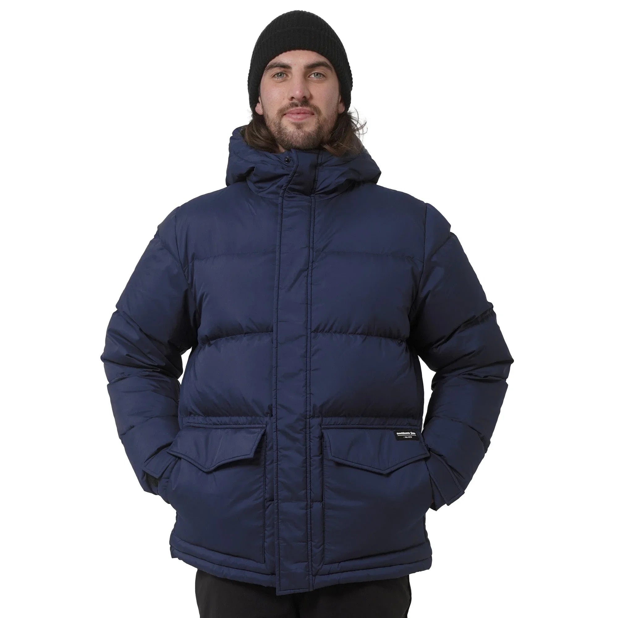 Man wearing navy mens winter down parka with hood and beanie, front view on white background