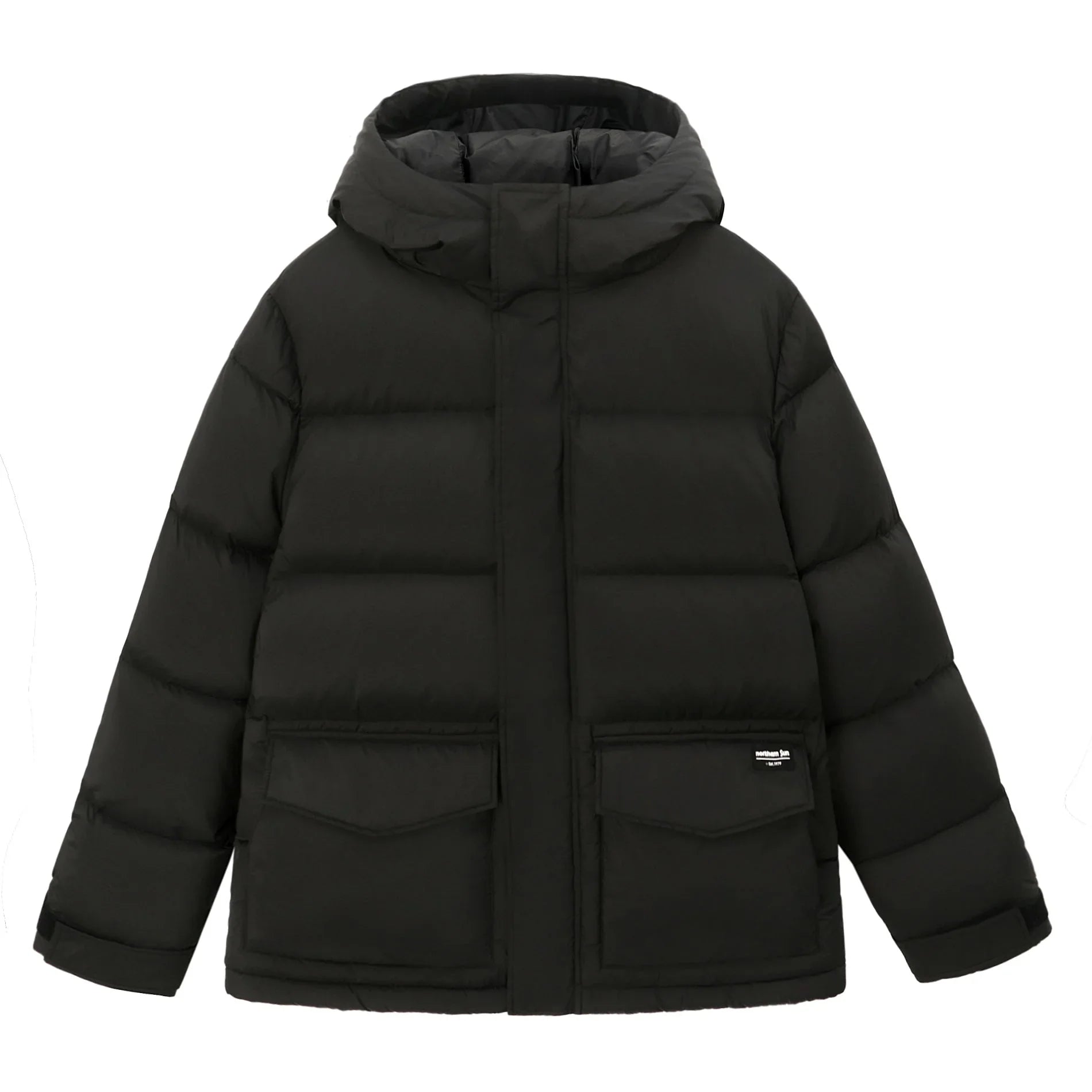 Black men's winter down parka with hood and front pockets, insulated puffer jacket