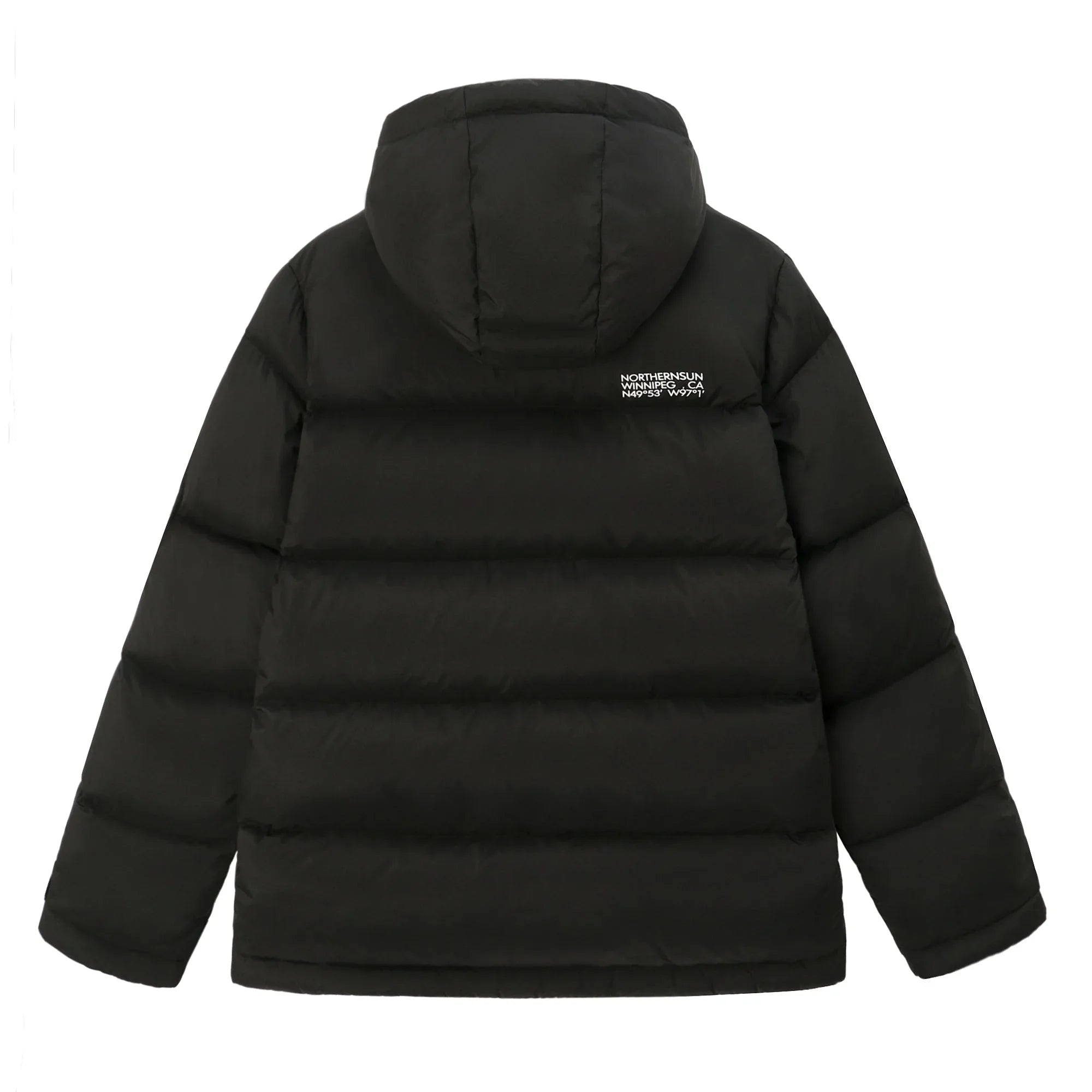 Black Northern Sun men's winter down parka, hooded, rear view, Winnipeg winter jacket