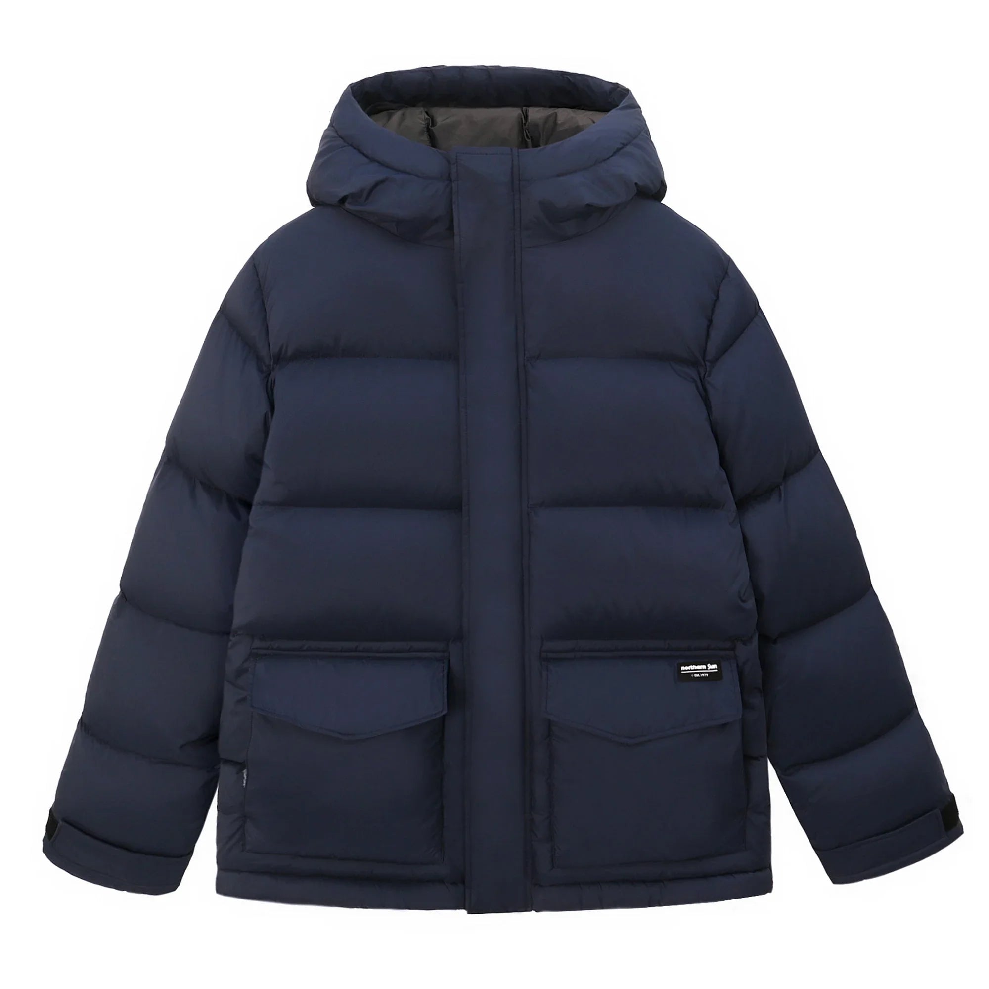 Navy blue men's winter down parka jacket with hood, water-resistant, front pockets