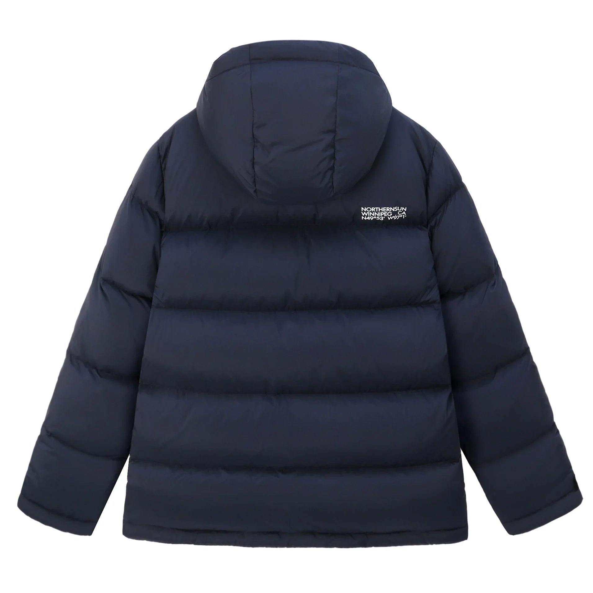 Back view of navy Northern Sun men's winter down parka with hood and logo detail