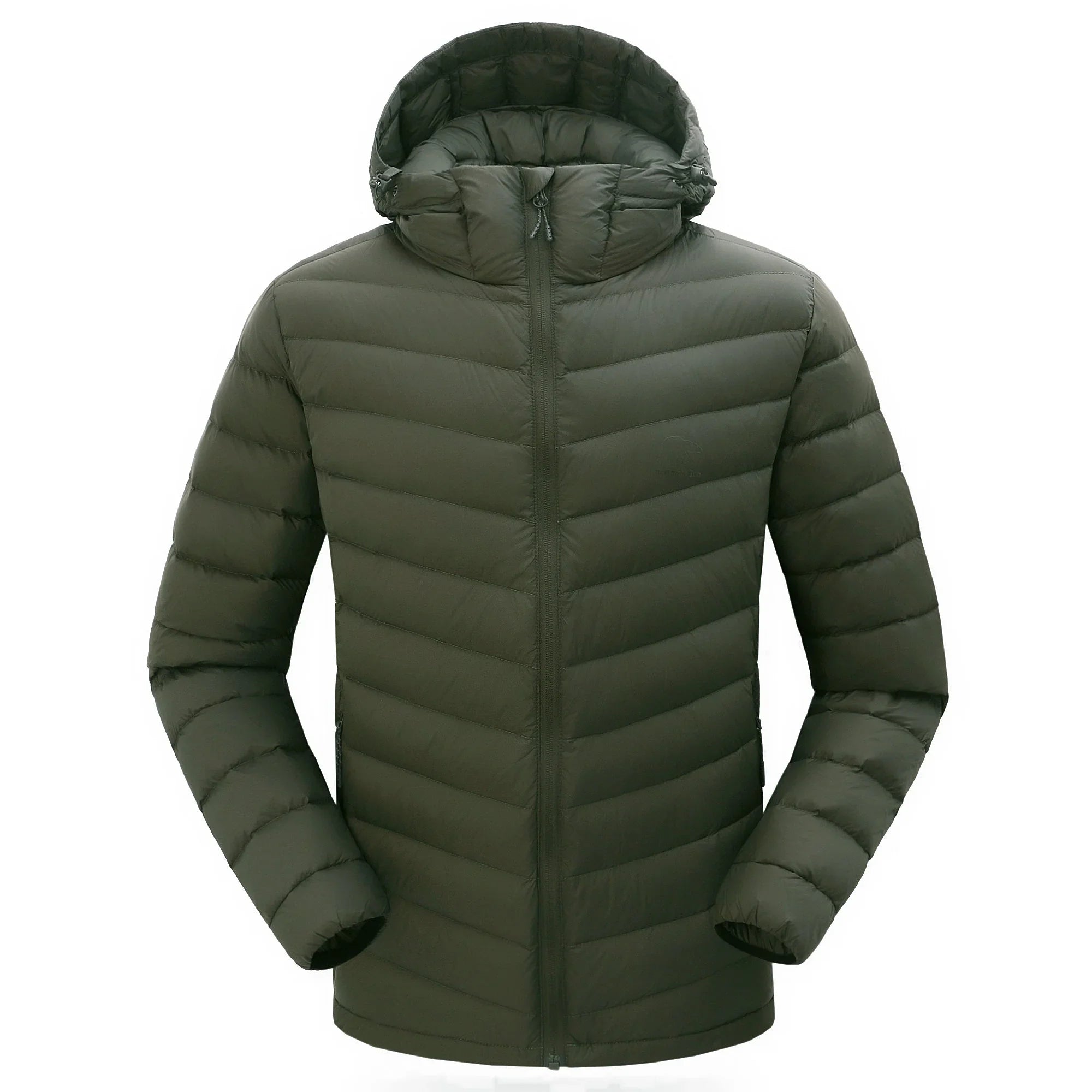Men's olive green lightweight packable down jacket with hood, front view