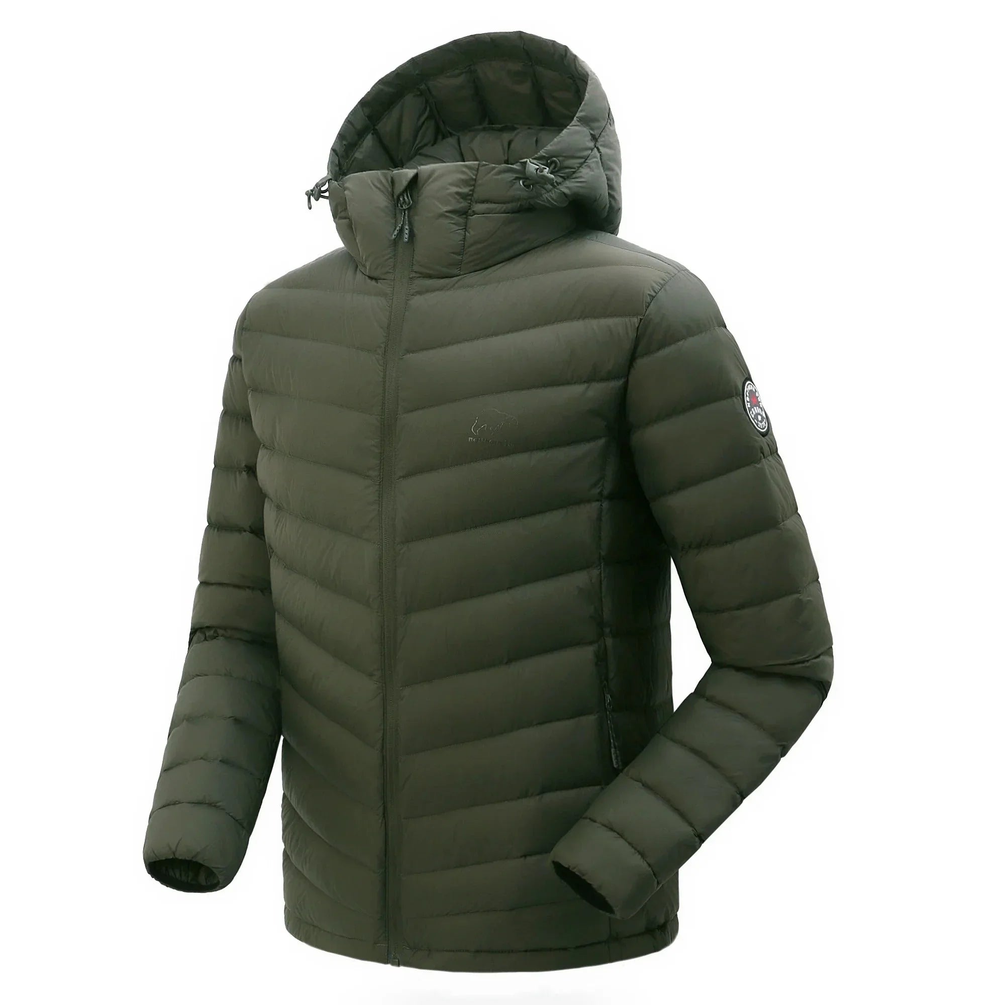 Men's olive green lightweight packable down jacket with hood, side logo patch, front view