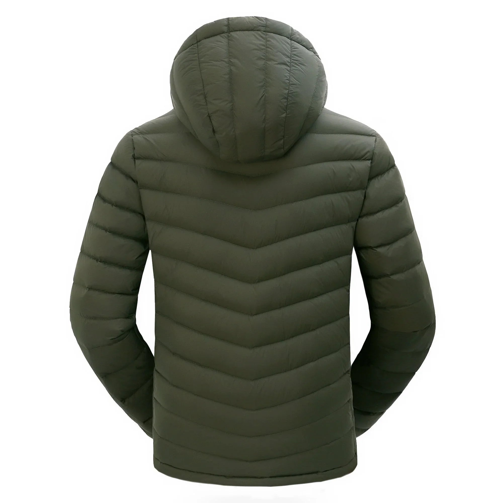 olive green men's lightweight packable down jacket with hood, back view