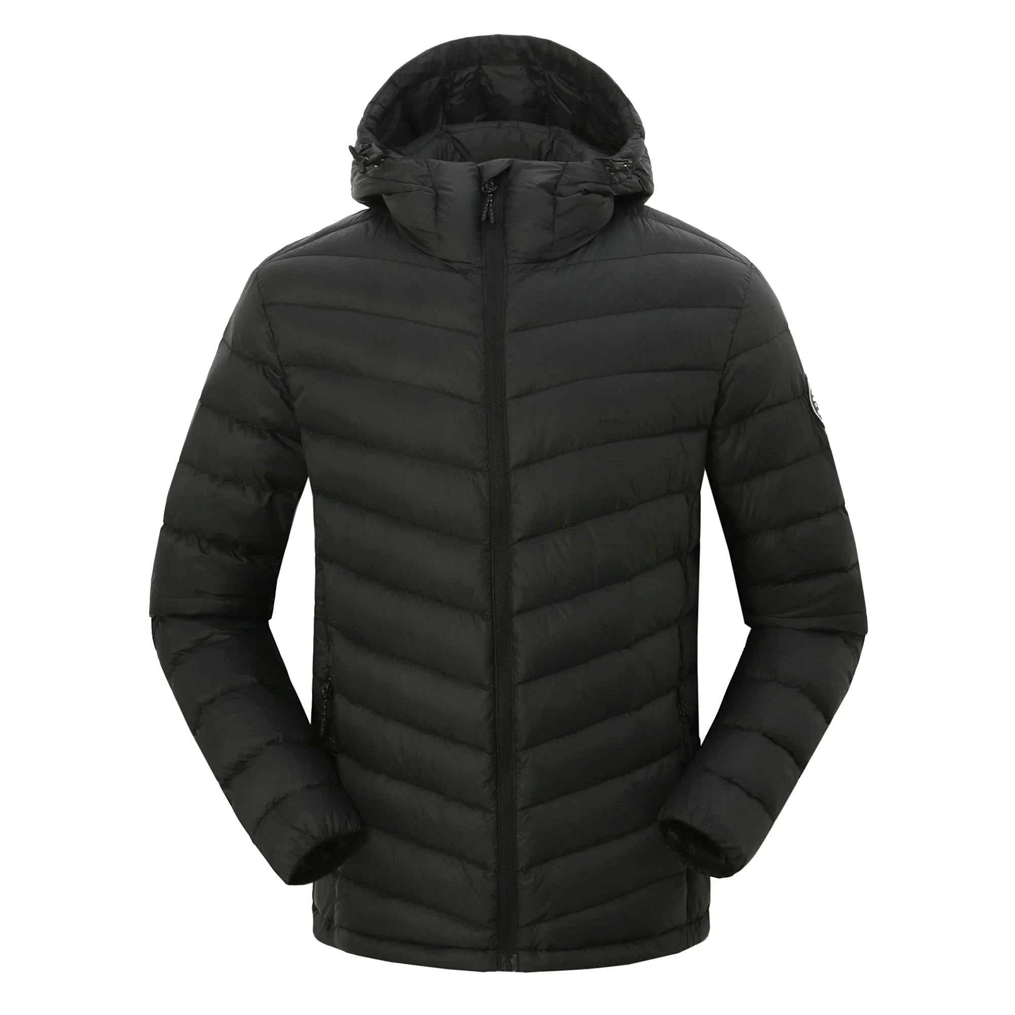 Black men's lightweight packable down jacket with hood, front zipper, and quilted design