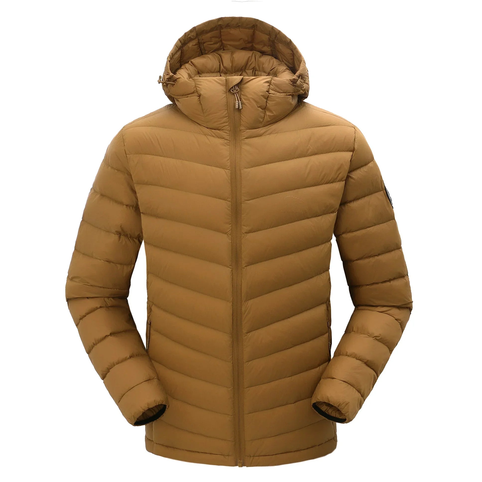 Men's lightweight brown packable down jacket with hood, front view on white background