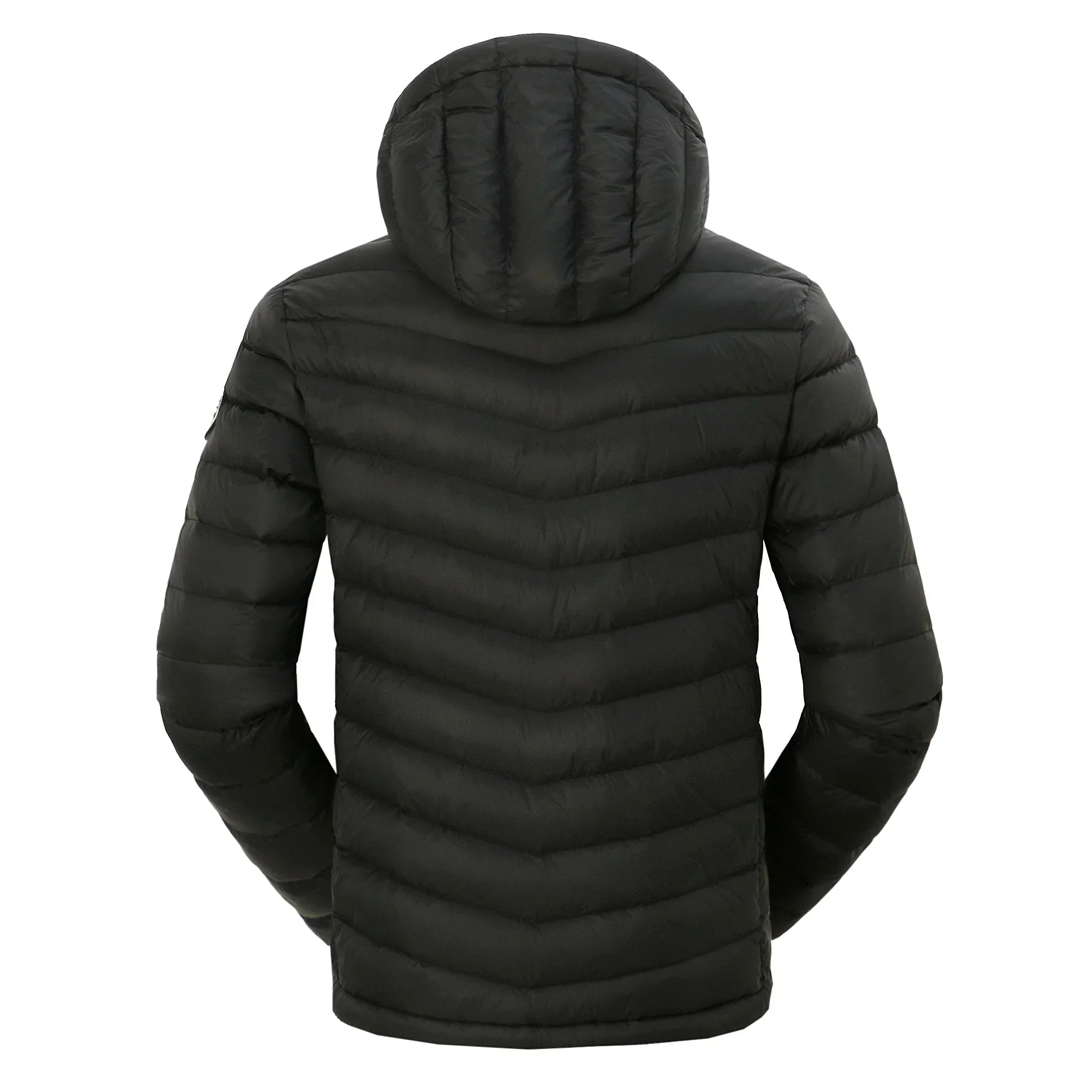 Black men's lightweight packable down jacket with hood, rear view