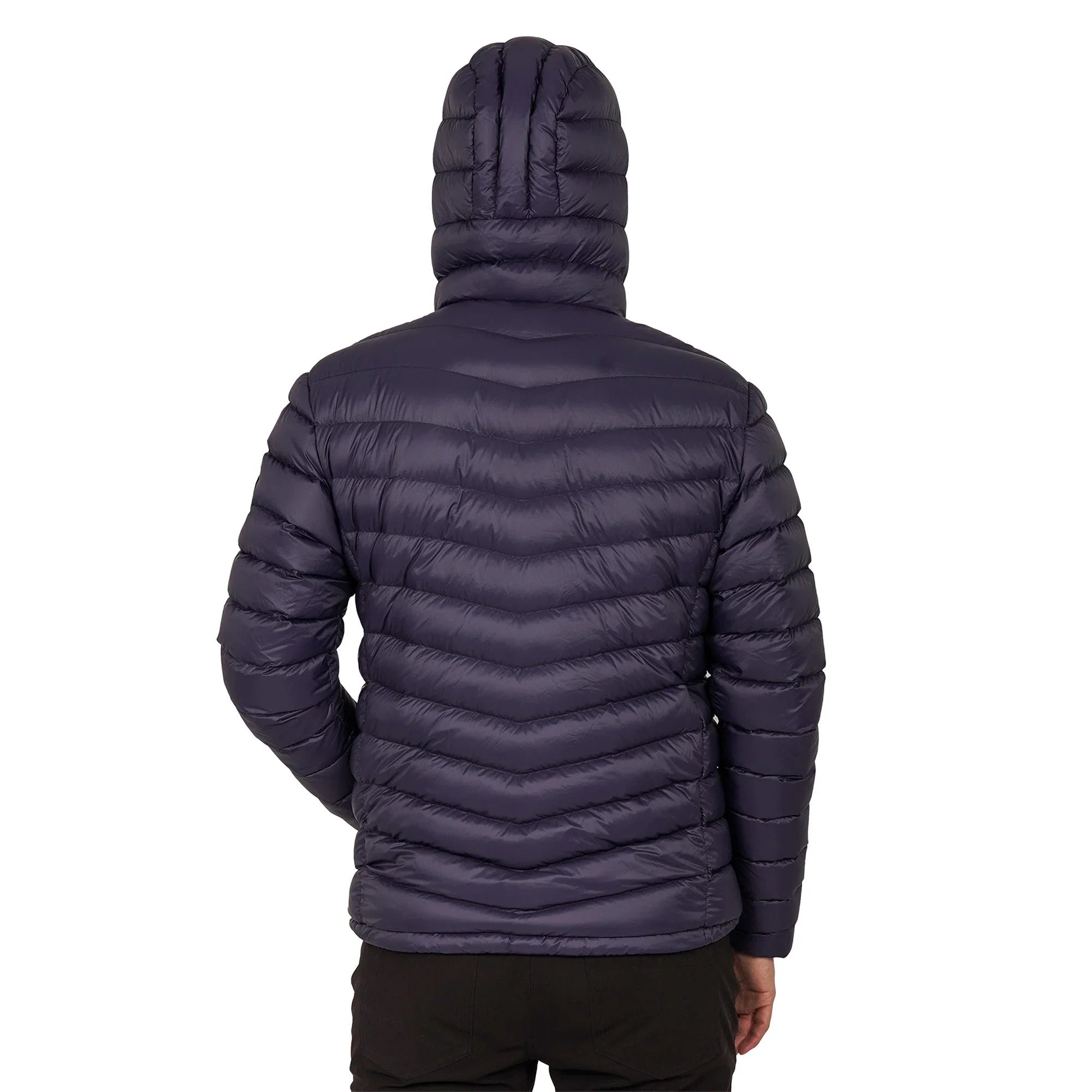 Man wearing dark purple lightweight packable down jacket with hood, shown from back