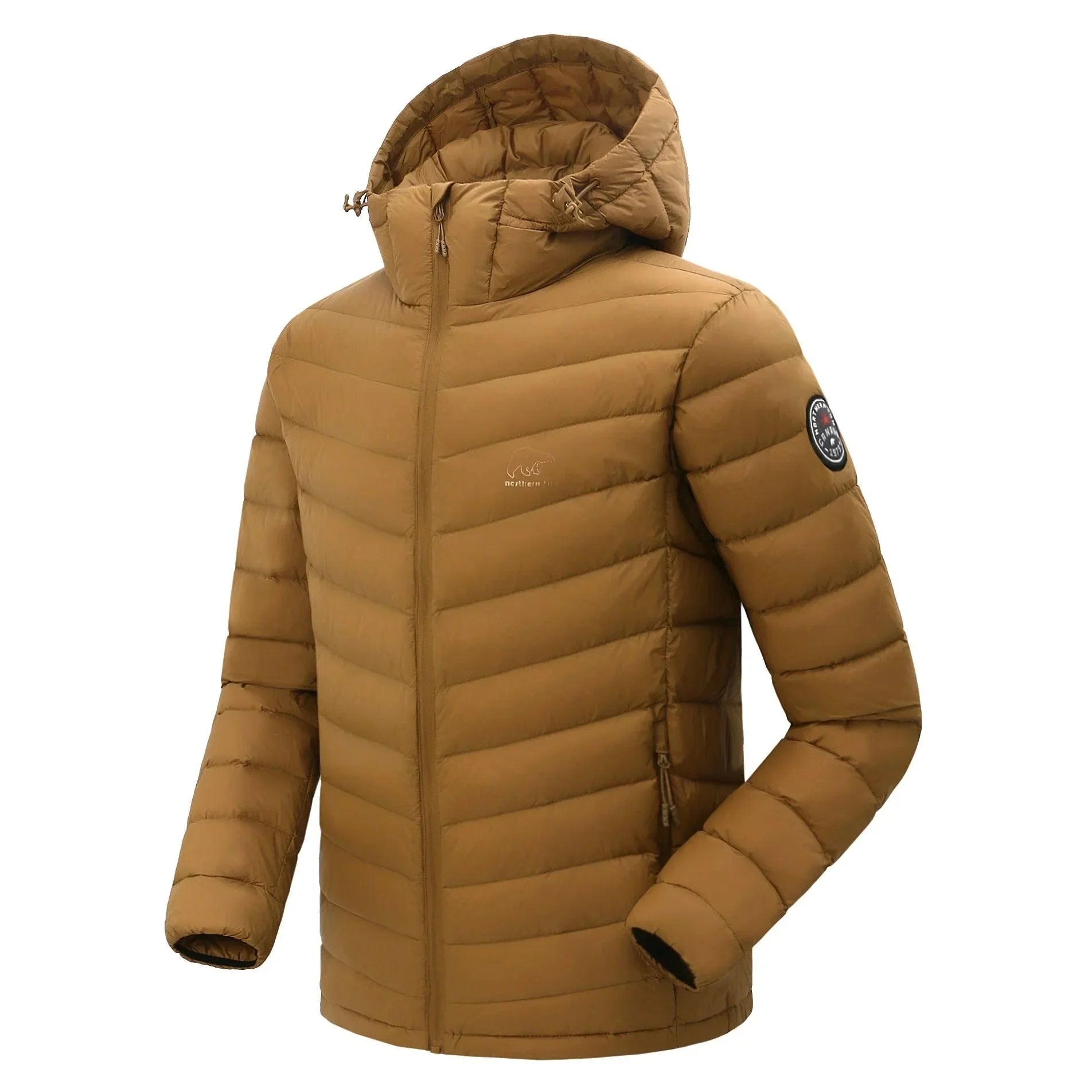 Men's lightweight brown packable down jacket with hood and arm patch, side view