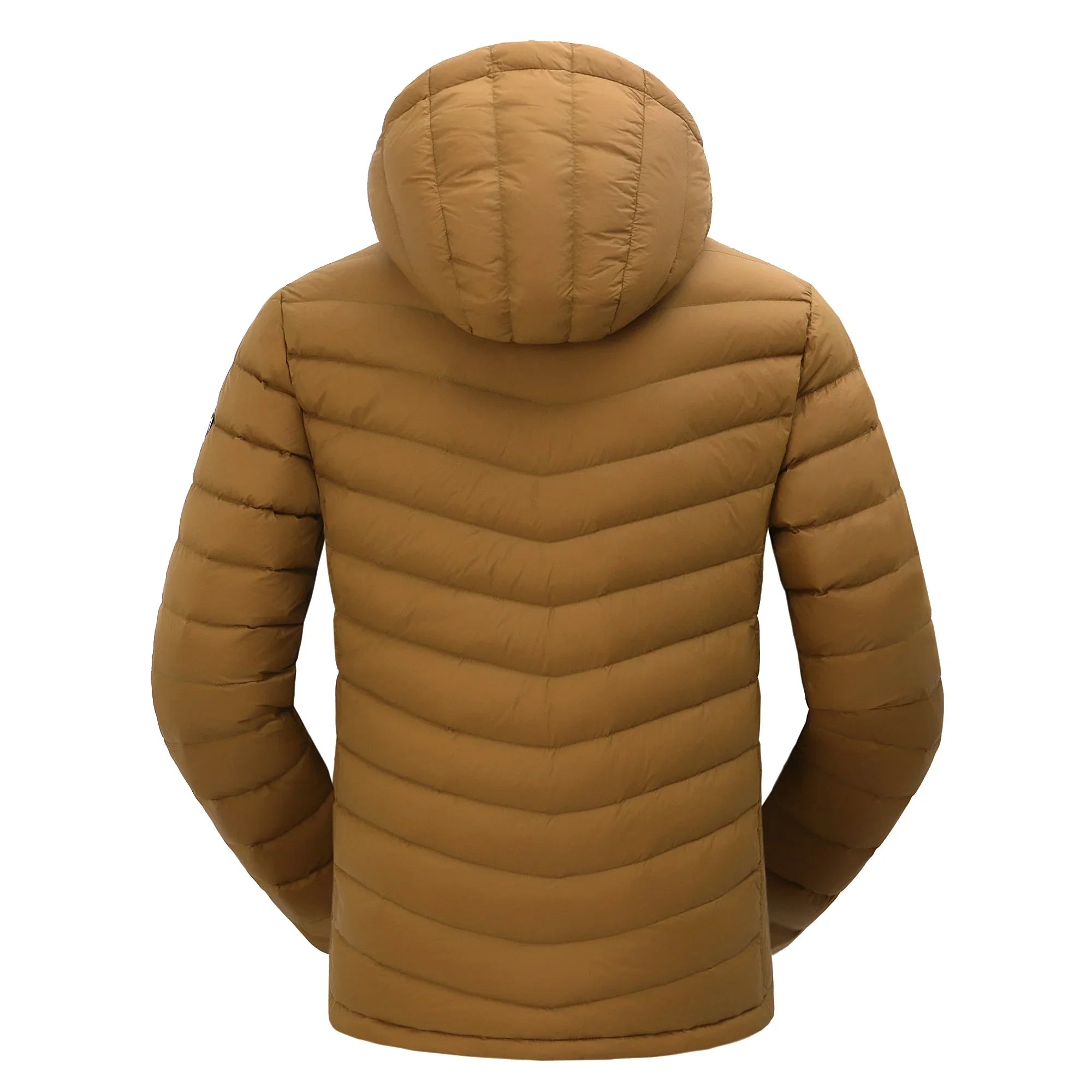 Men’s lightweight brown packable down jacket with hood, back view on white background