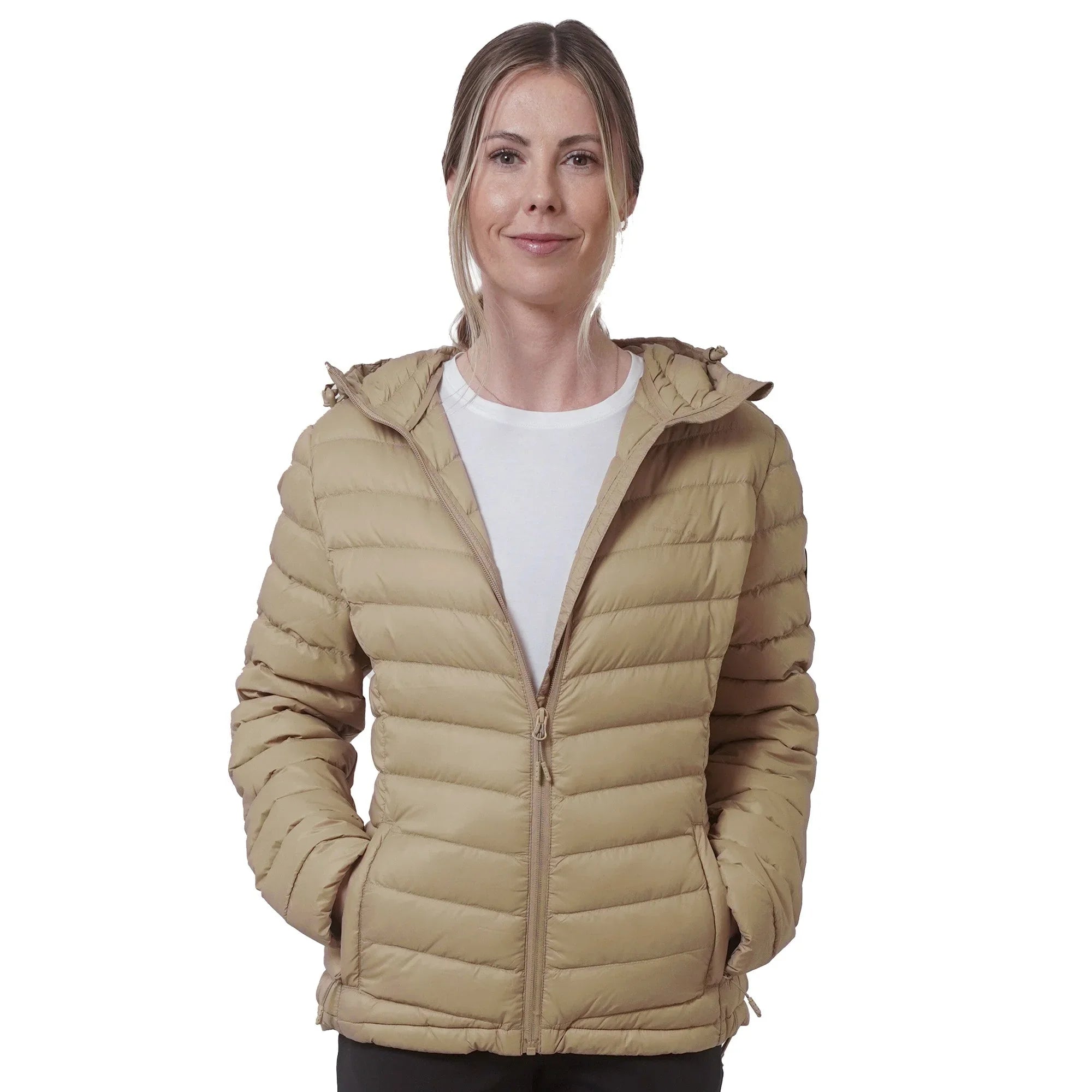 Woman wearing beige packable lightweight down jacket with hood, front view