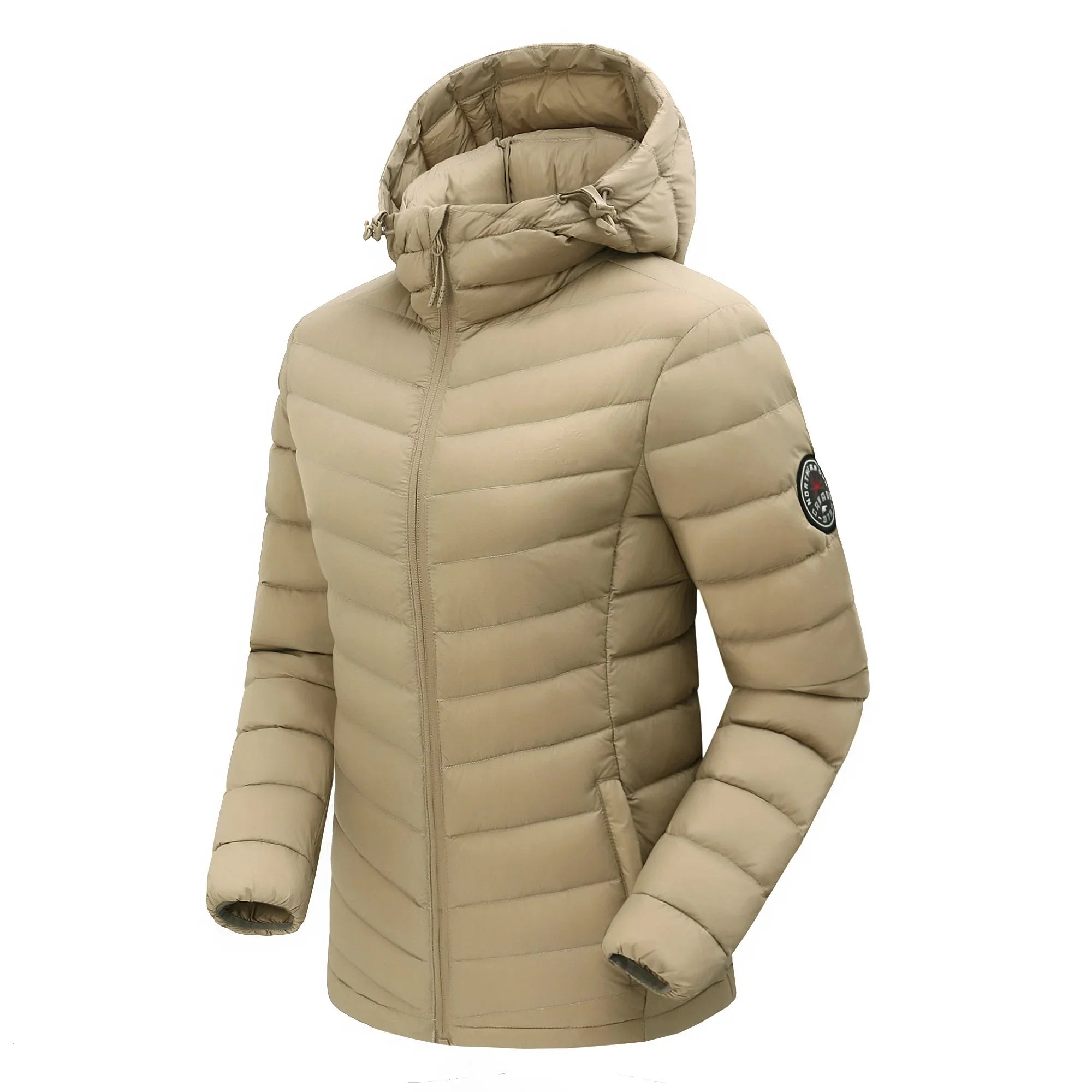 Beige women's packable lightweight down jacket with left sleeve logo patch and hood