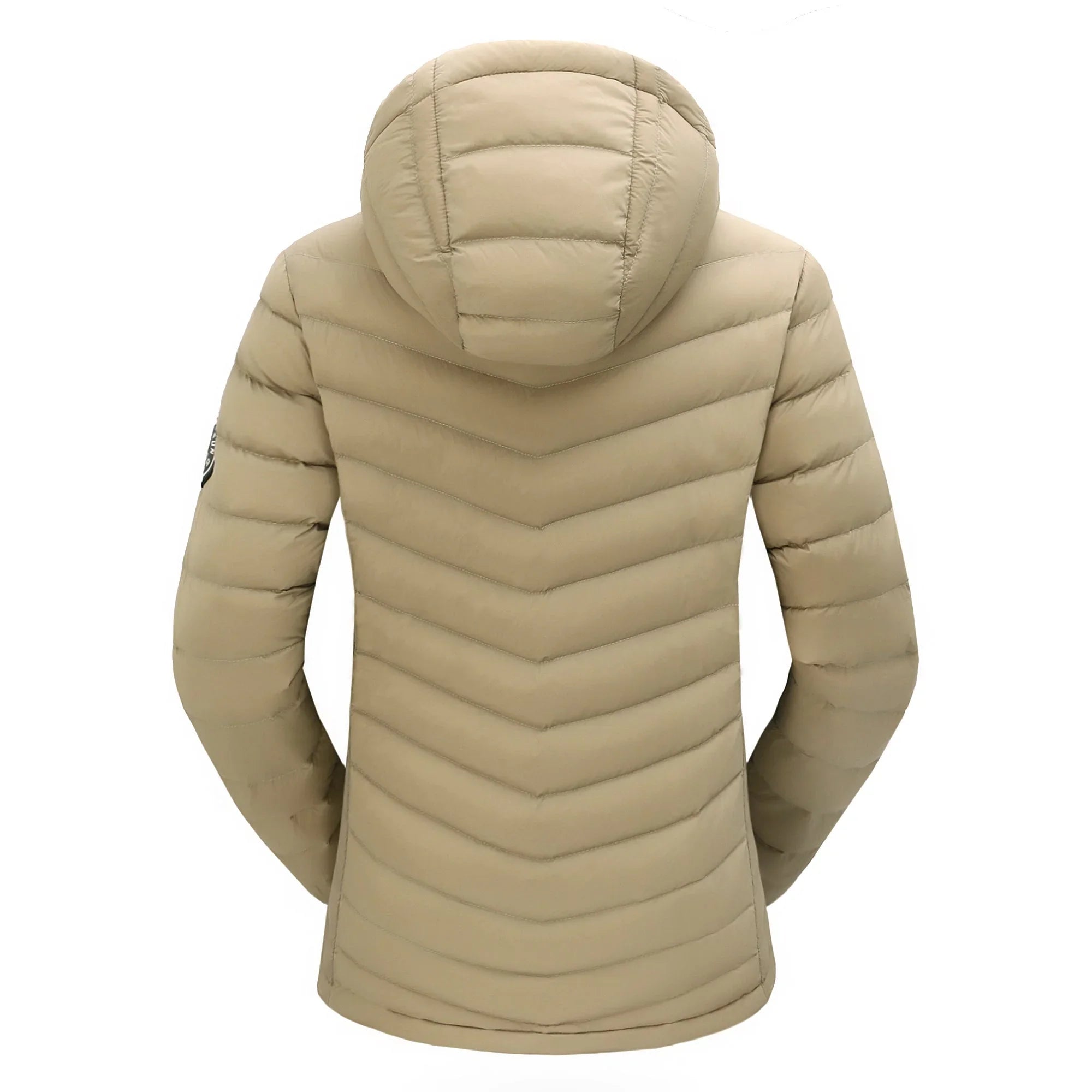 beige women's packable lightweight down jacket with hood, back view