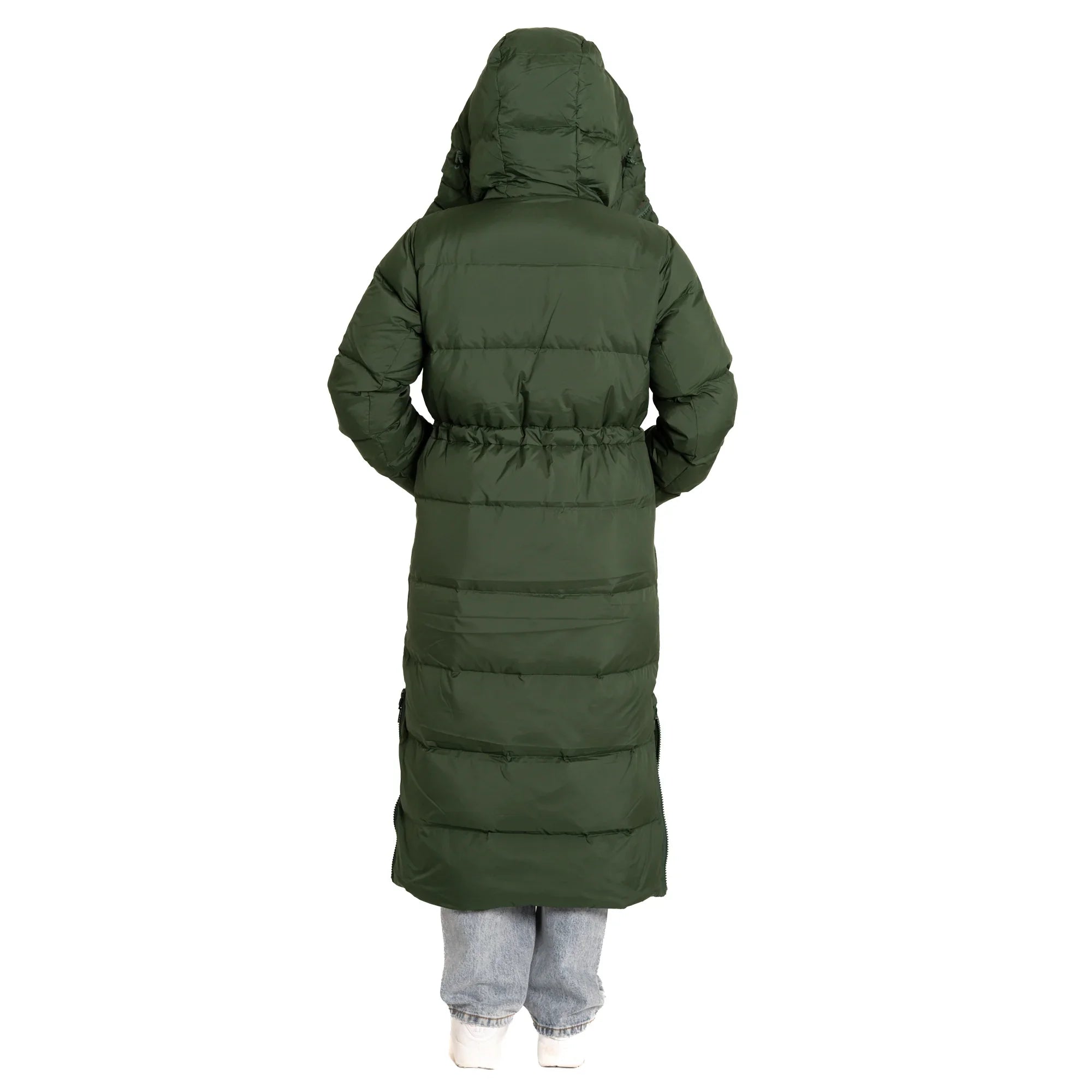 Back view of person wearing long green puffer coat with hood and jeans on white background