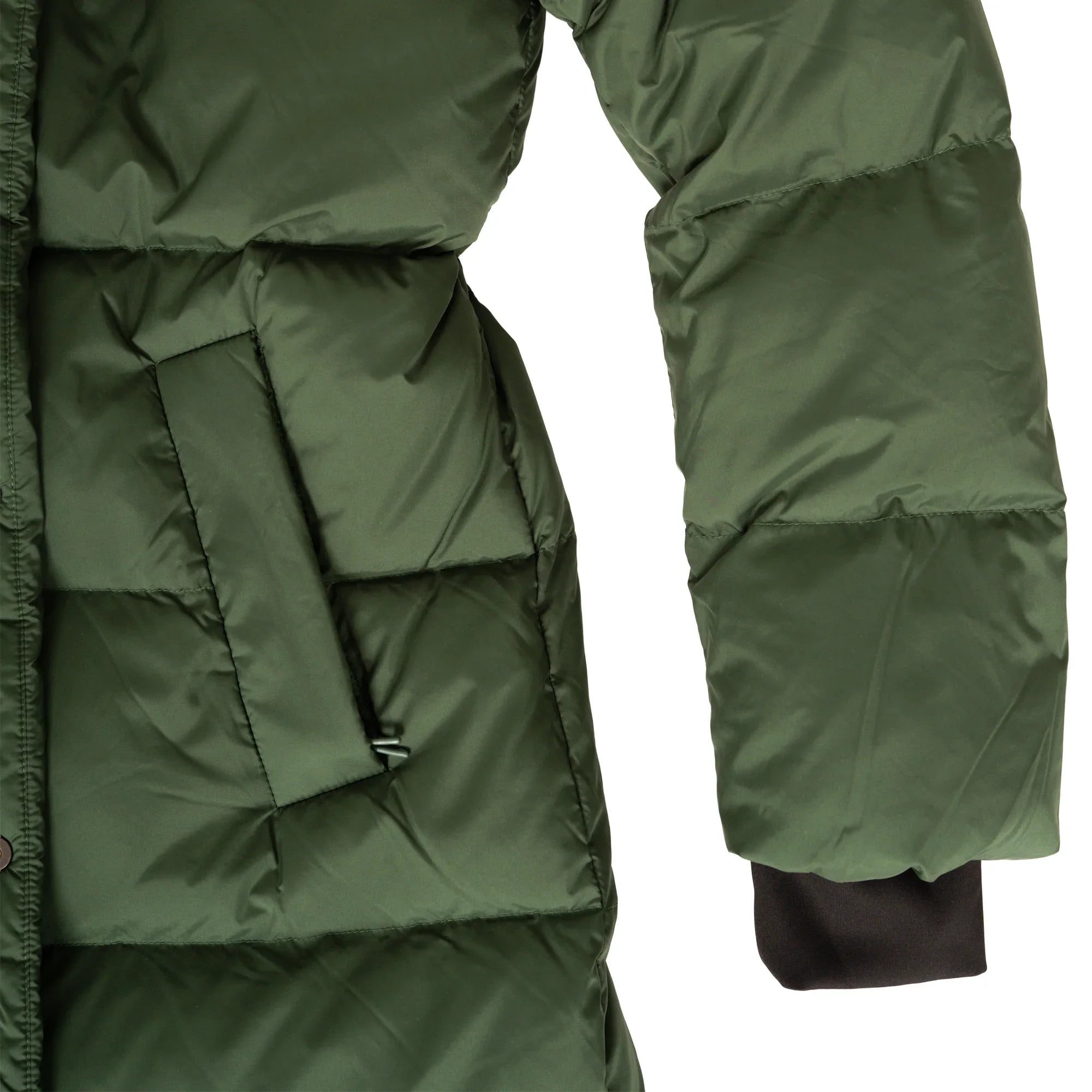 Olive green puffer jacket sleeve with angled side pocket and black cuff detail