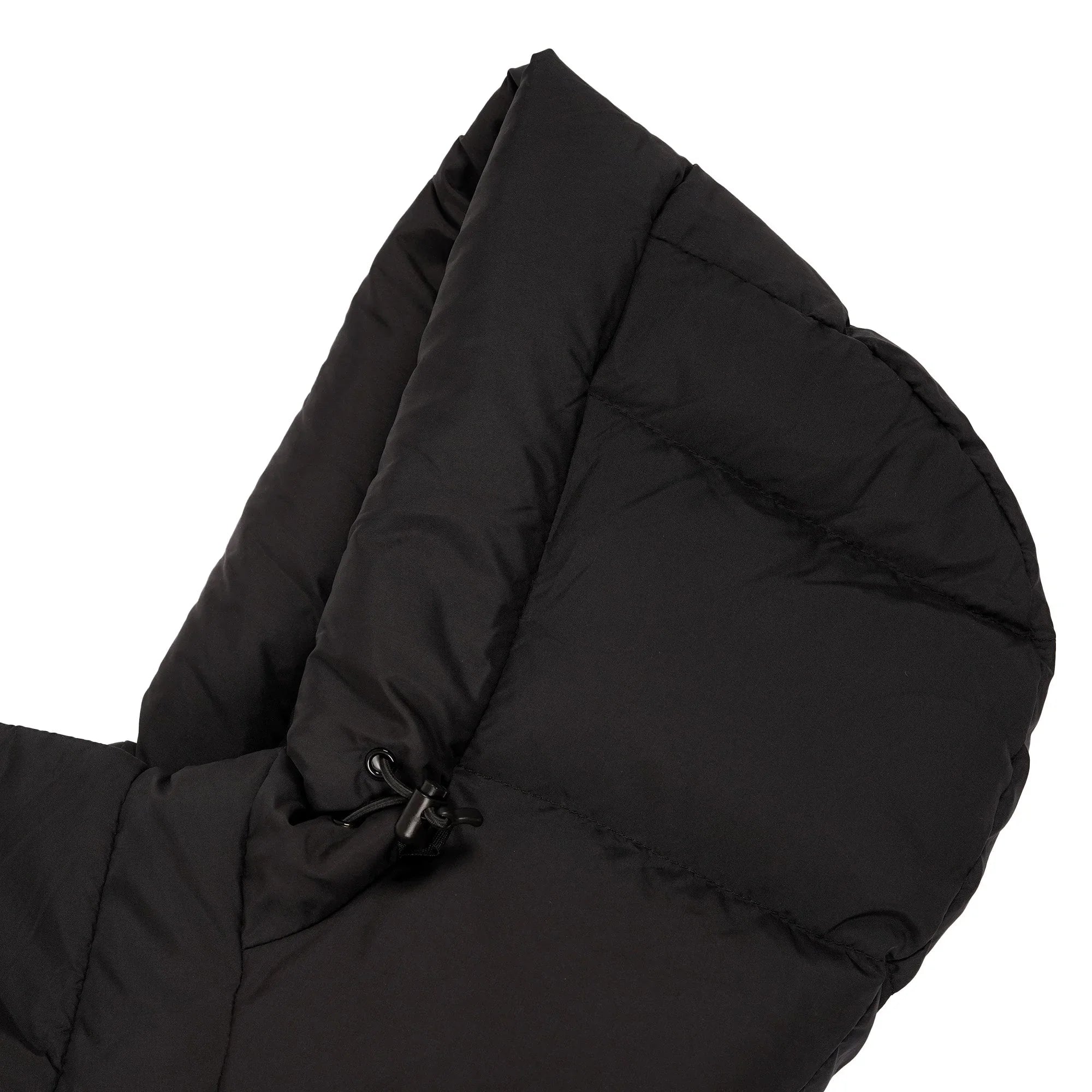 black puffer jacket hood with adjustable toggle detail on white background
