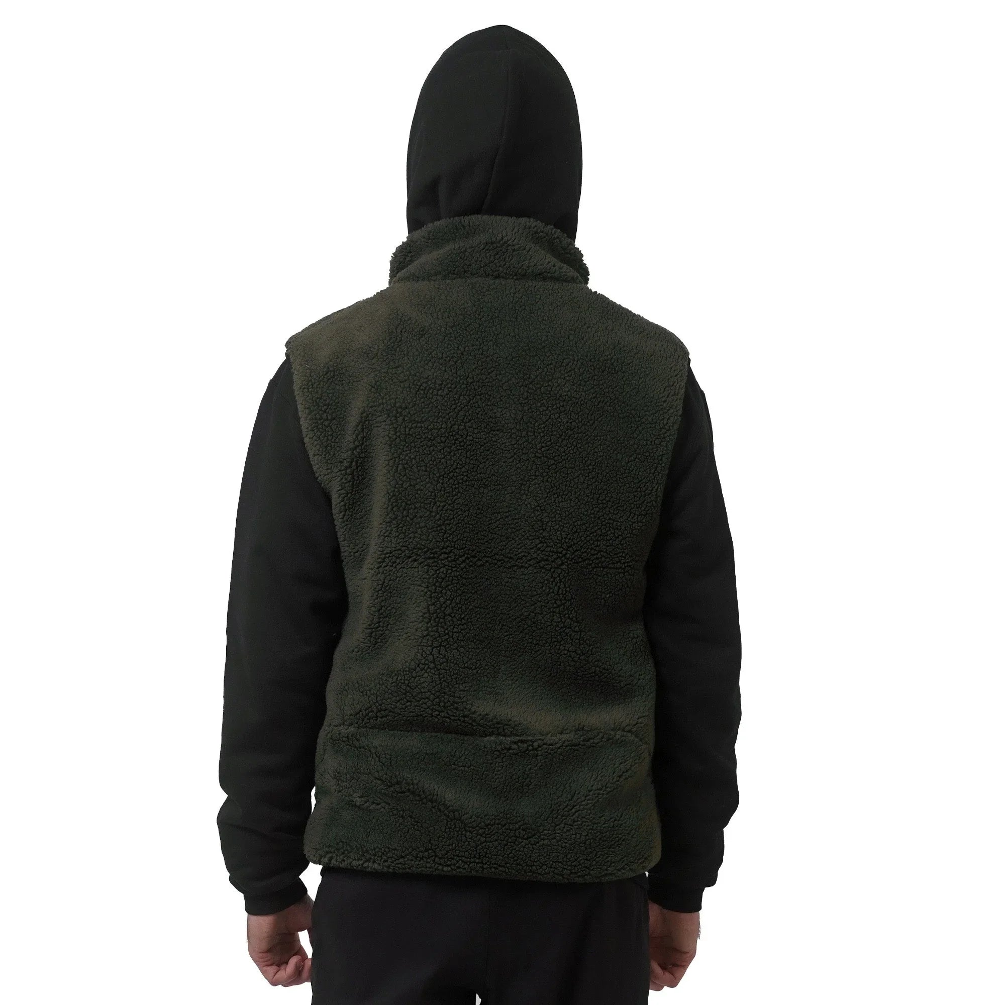 Back view of person wearing green unisex sherpa vest over black hoodie on white background
