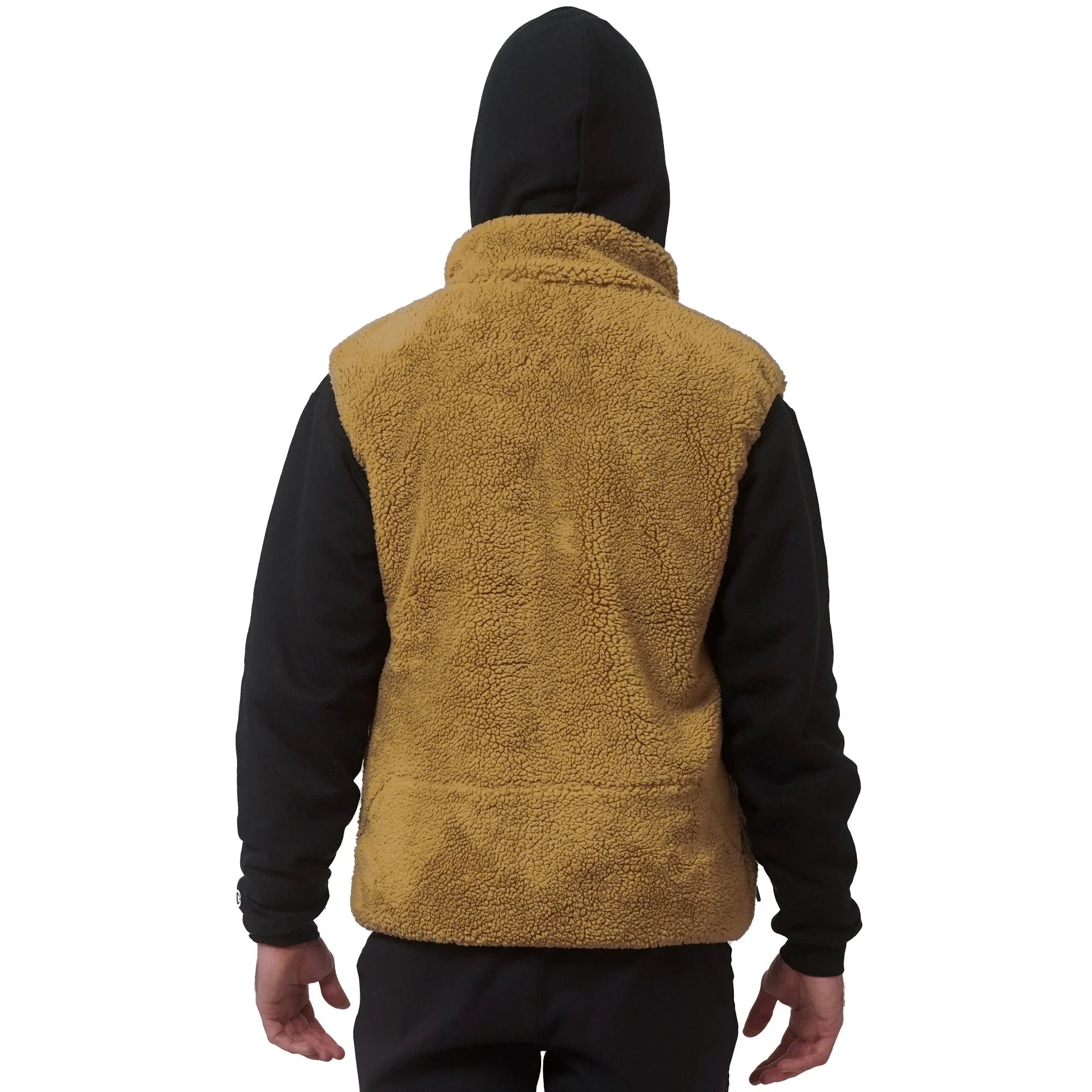 Back view of a tan sherpa fleece unisex vest worn over a black hoodie