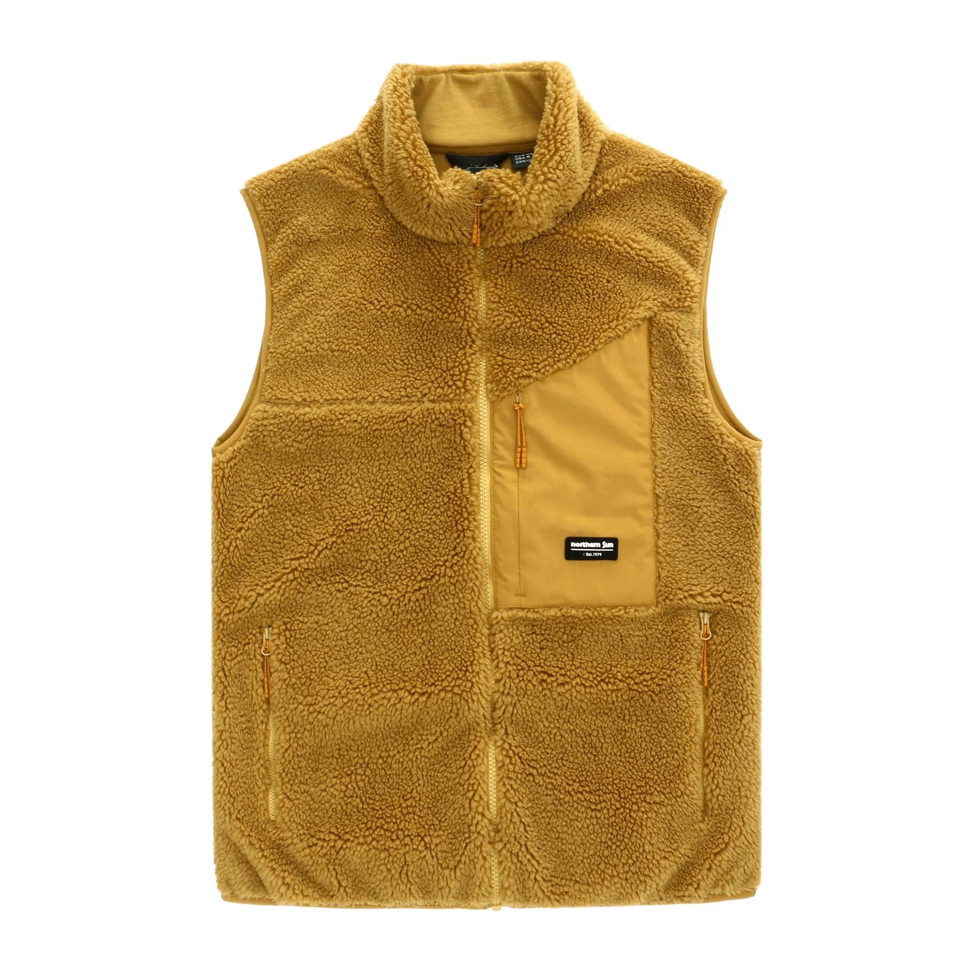 Tan Northern Sun unisex sherpa vest with zip pockets and chest logo patch