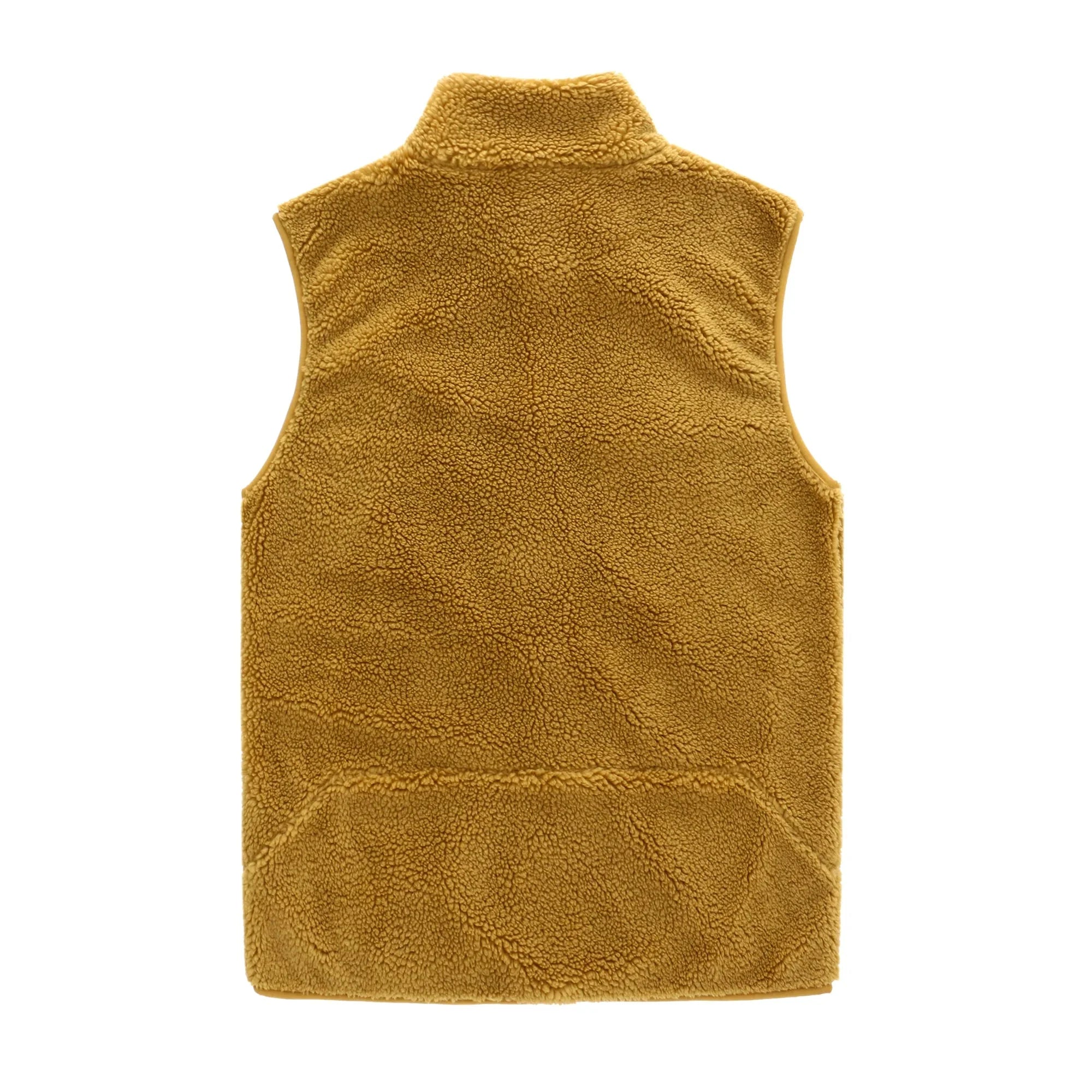 Back view of brown unisex sherpa vest, soft fleece texture, high collar