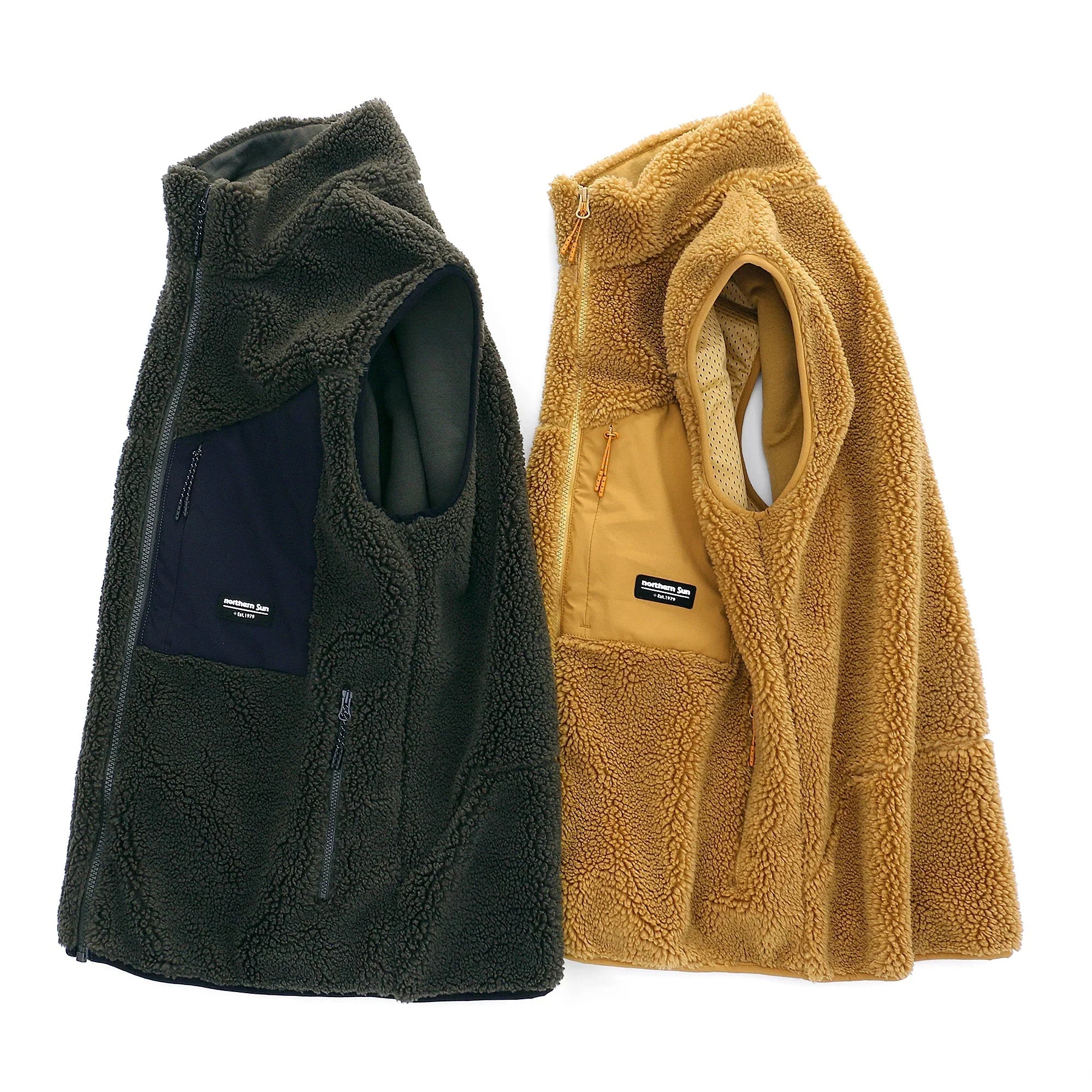 Northern Sun unisex sherpa vests in black and tan color options on white background
