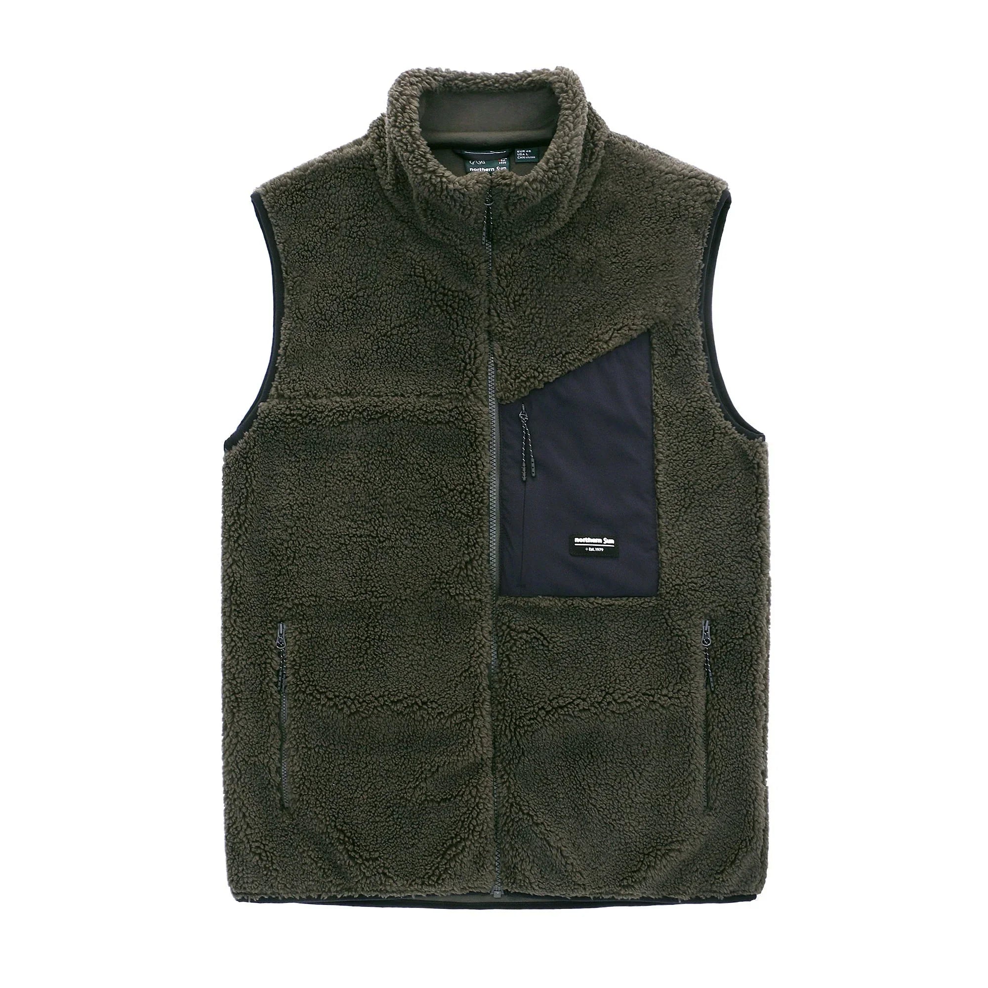Northern Sun unisex green sherpa vest with zip front and black chest pocket