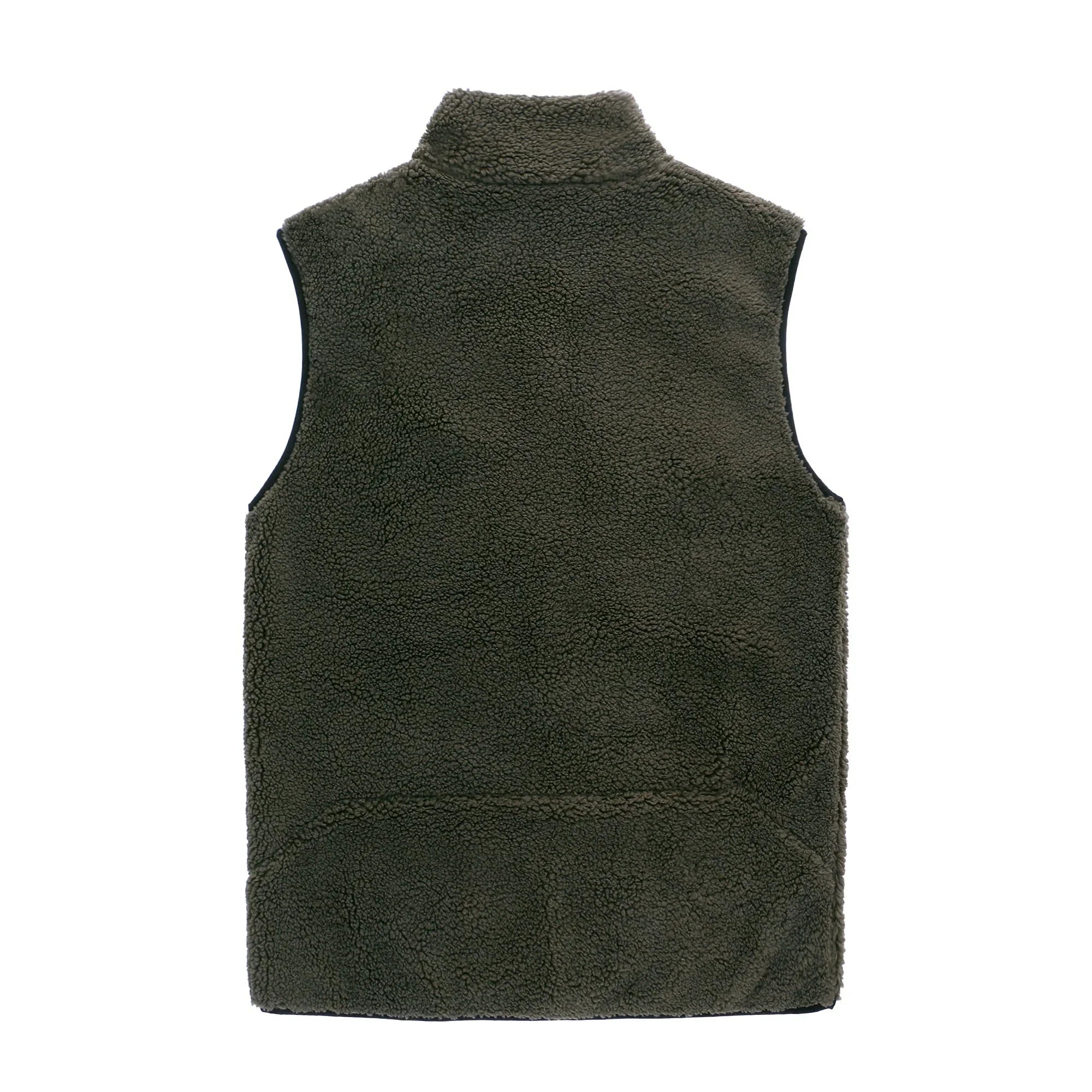 Back view of unisex green sherpa vest with high collar on white background