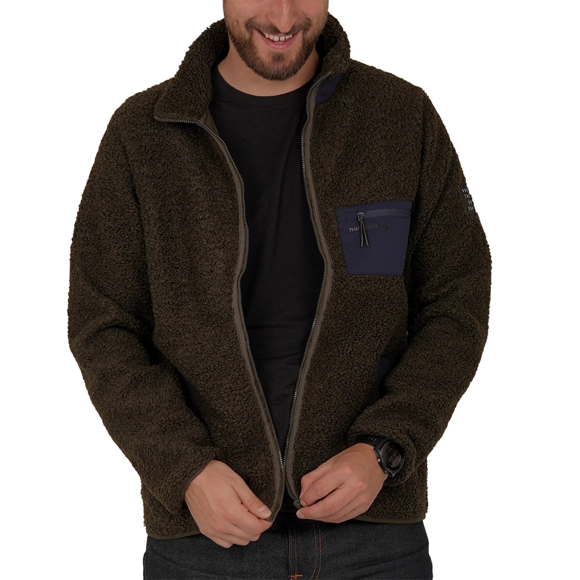 Man wearing Northern Sun men's teddy fleece jacket with navy chest pocket, front view