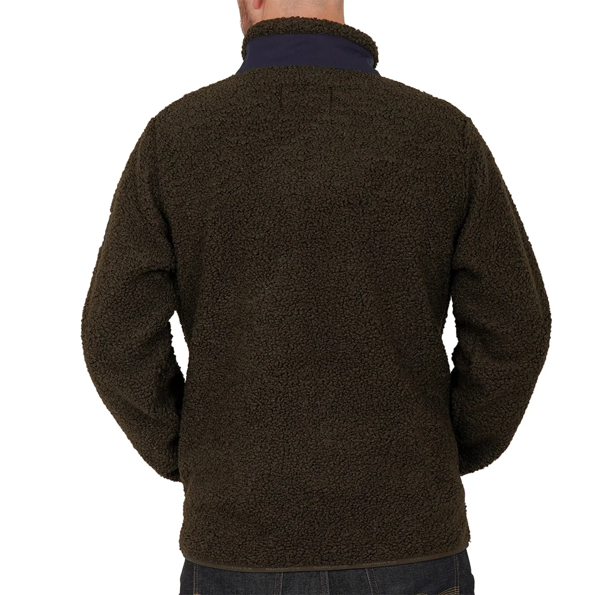 back view of man wearing dark brown teddy fleece jacket, casual winter outerwear