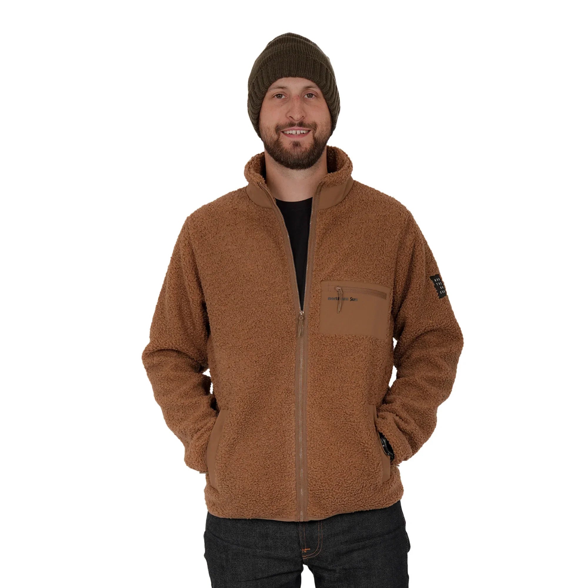 Man wearing brown teddy fleece jacket with kangaroo pocket and green beanie, front view
