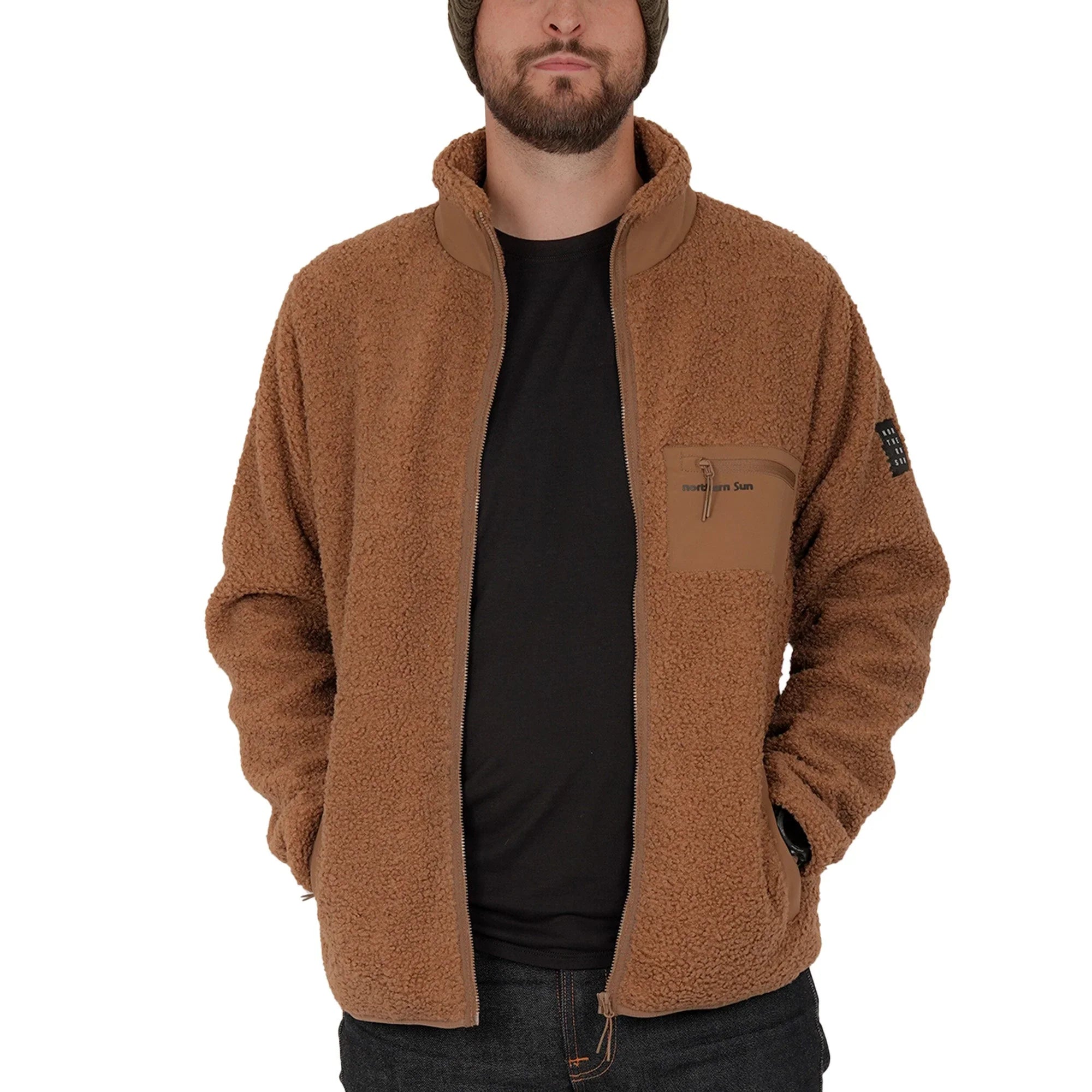 Man wearing brown Northern Sun teddy fleece jacket with zip chest pocket and black shirt