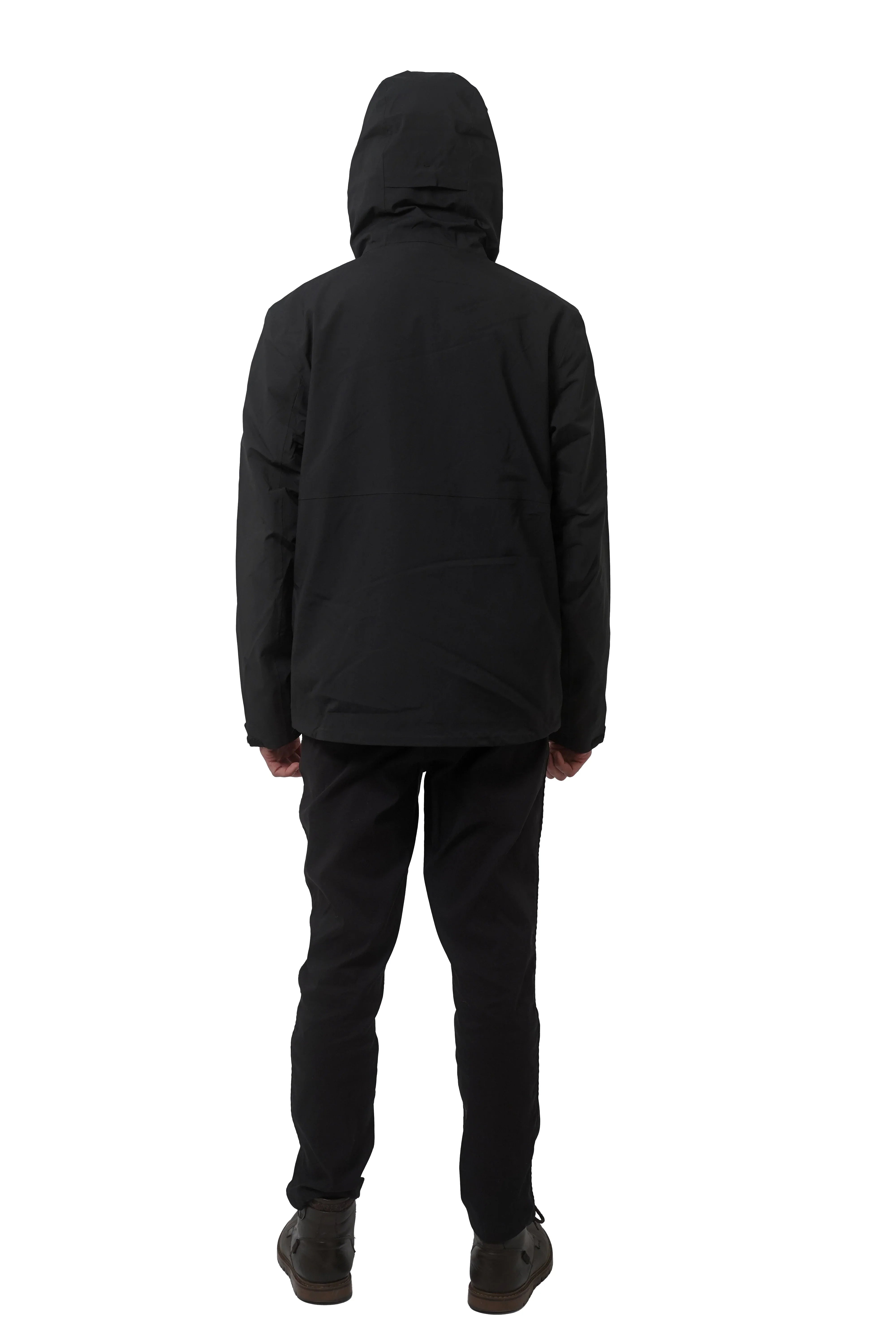 Back view of man wearing black 3-in-1 men's jacket with hood on white background