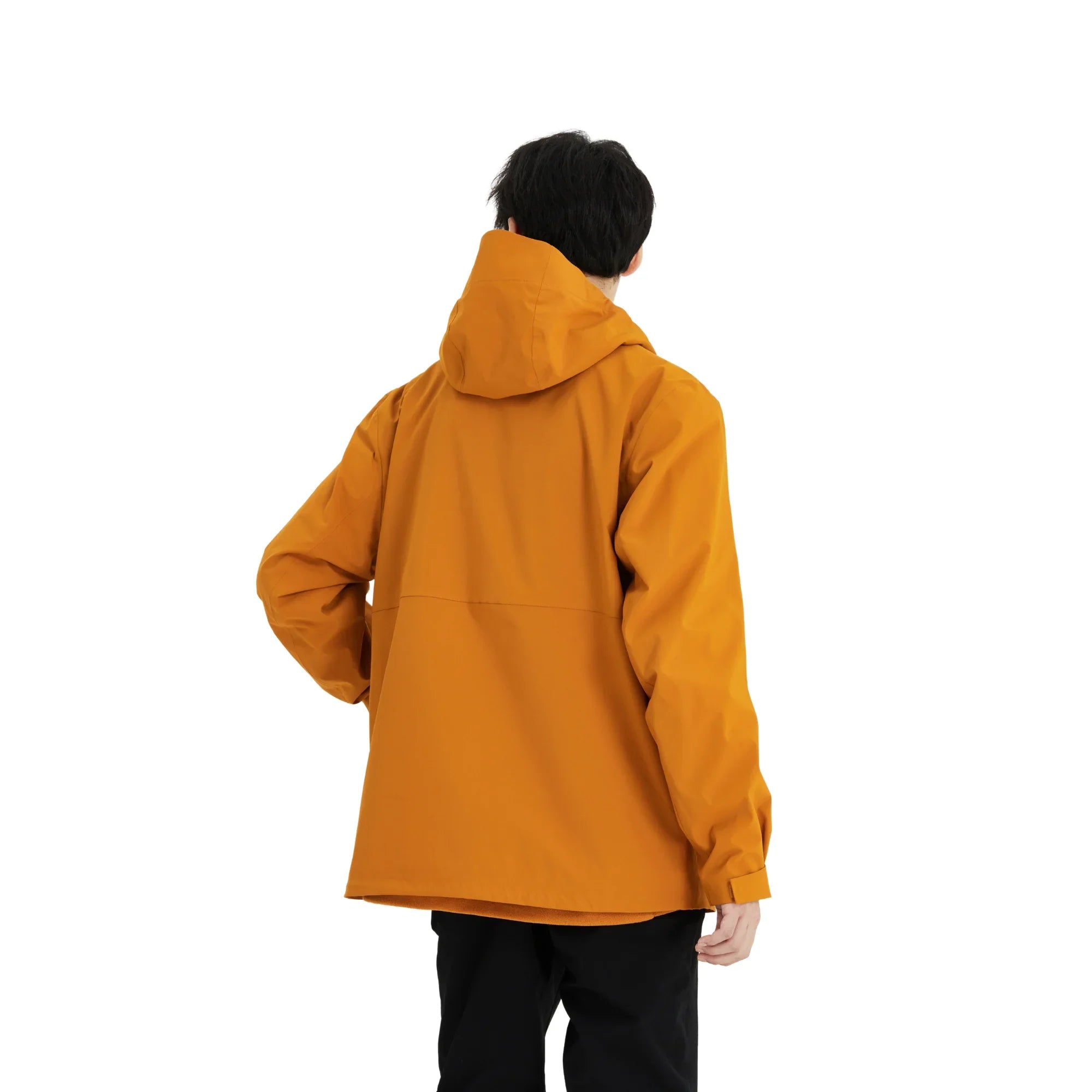 Man wearing ginger orange 3-in-1 hooded jacket, back view on white background