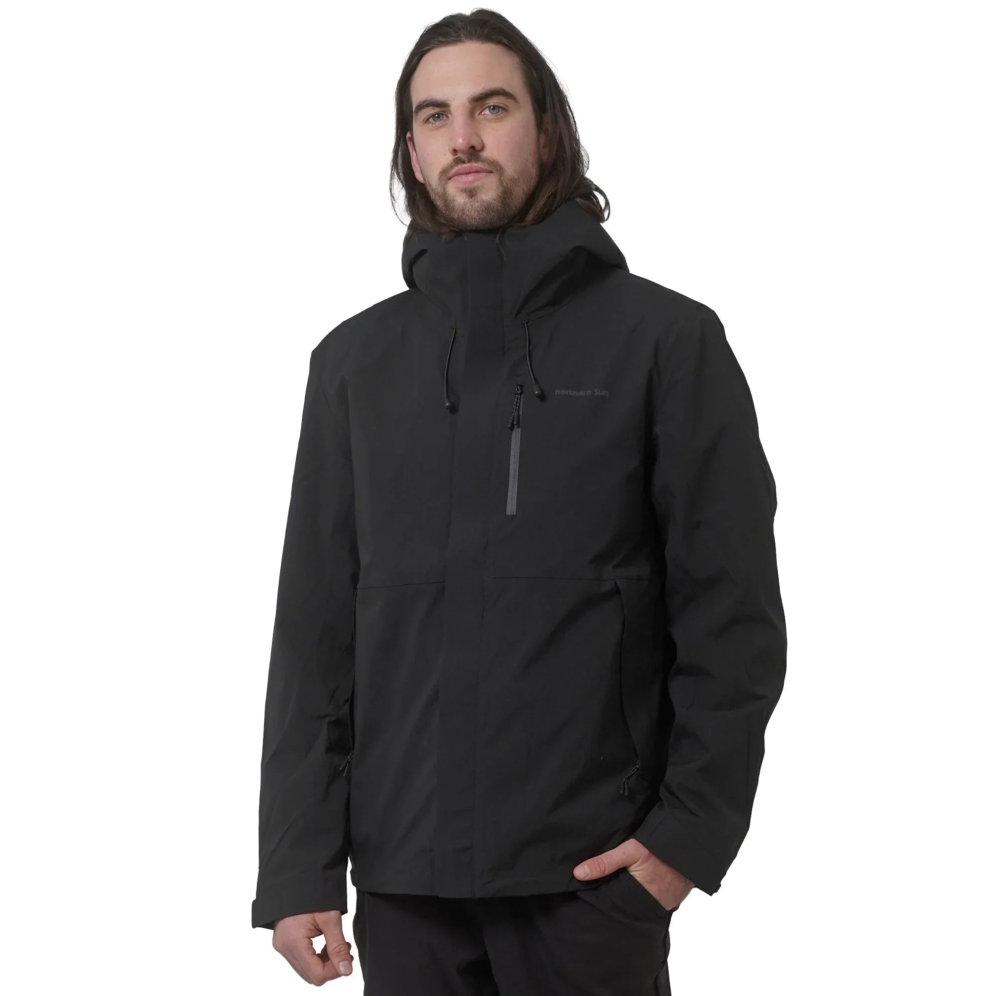 Man wearing Northern Sun 3-in-1 black men's jacket with hood on white background
