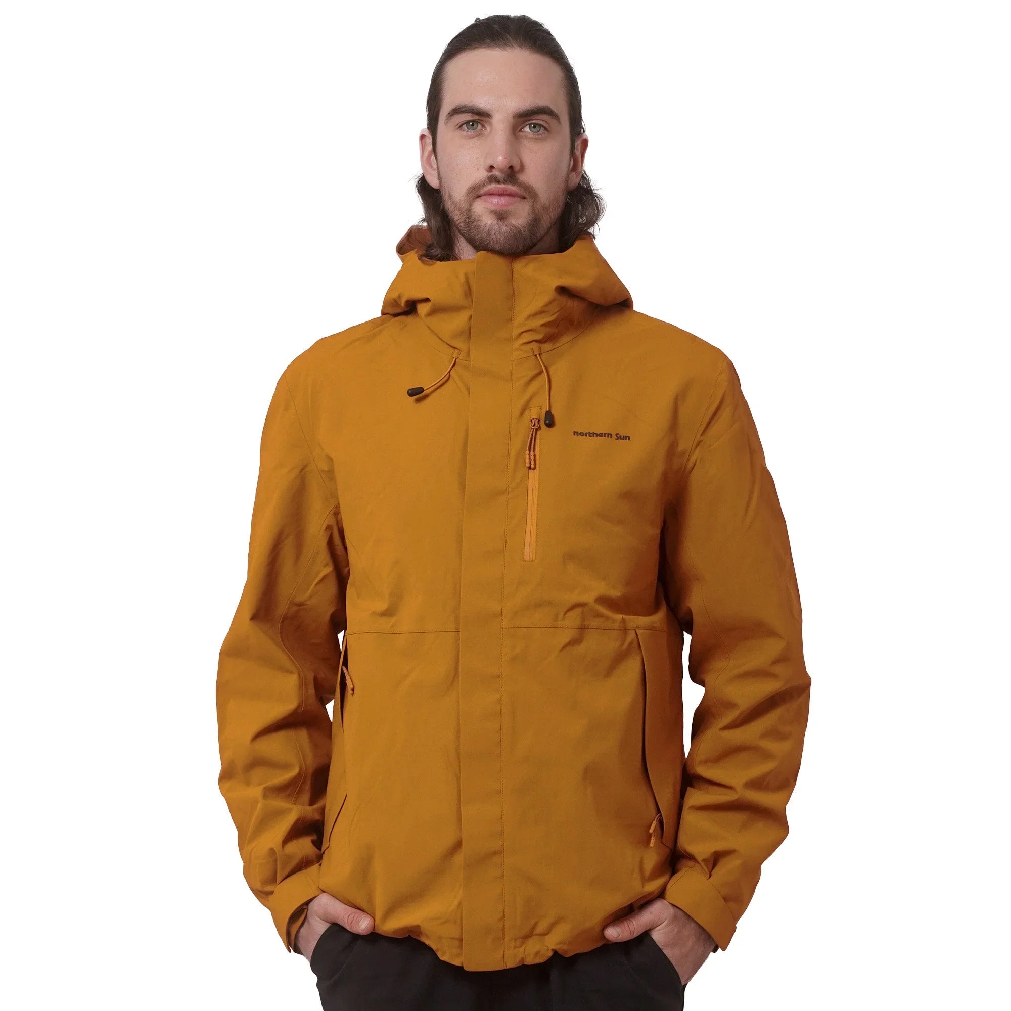 Man wearing orange Northern Sun 3-in-1 men's hooded jacket against white background