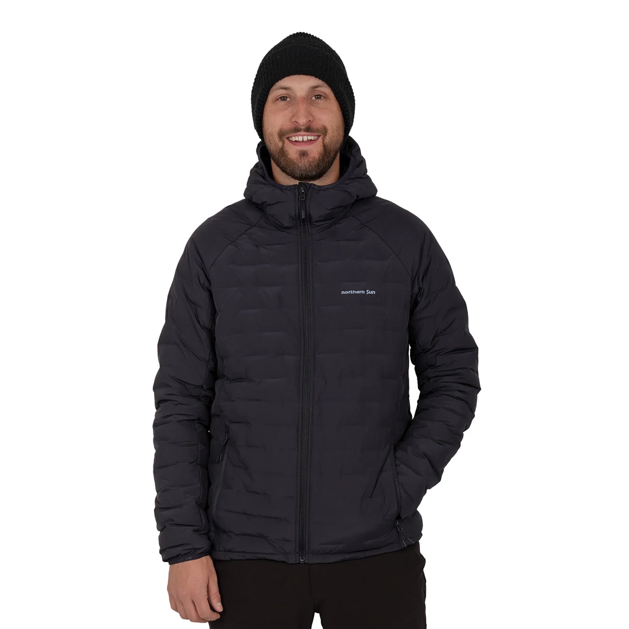 Man wearing navy Northern Sun Dawson down jacket with hood on white background
