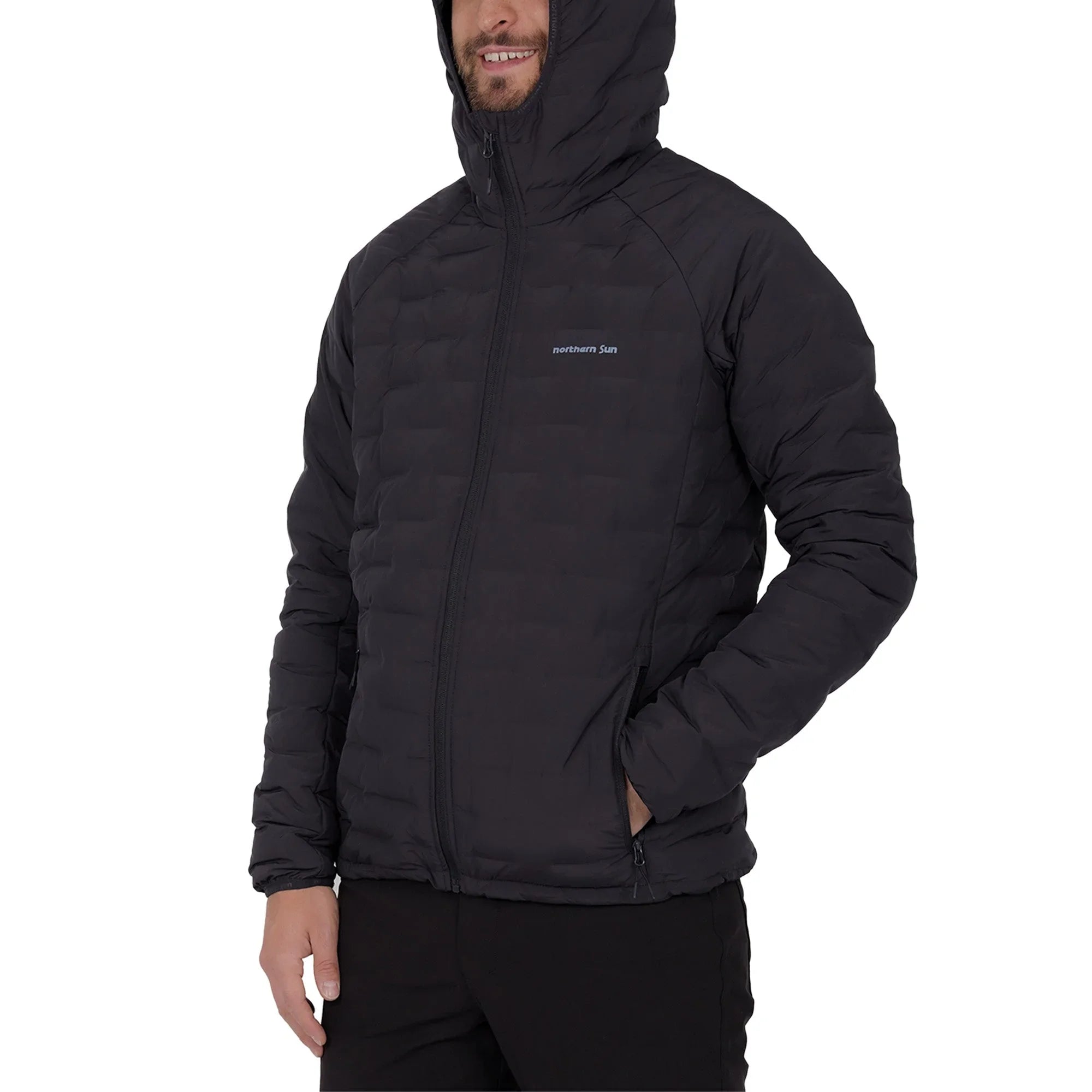 Man wearing navy Northern Sun Dawson down jacket with hood, side view