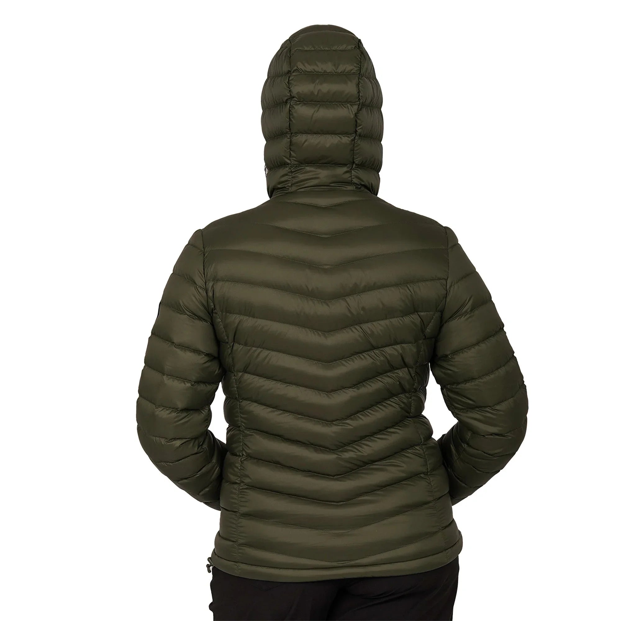 Back view of green women's packable lightweight down jacket with hood
