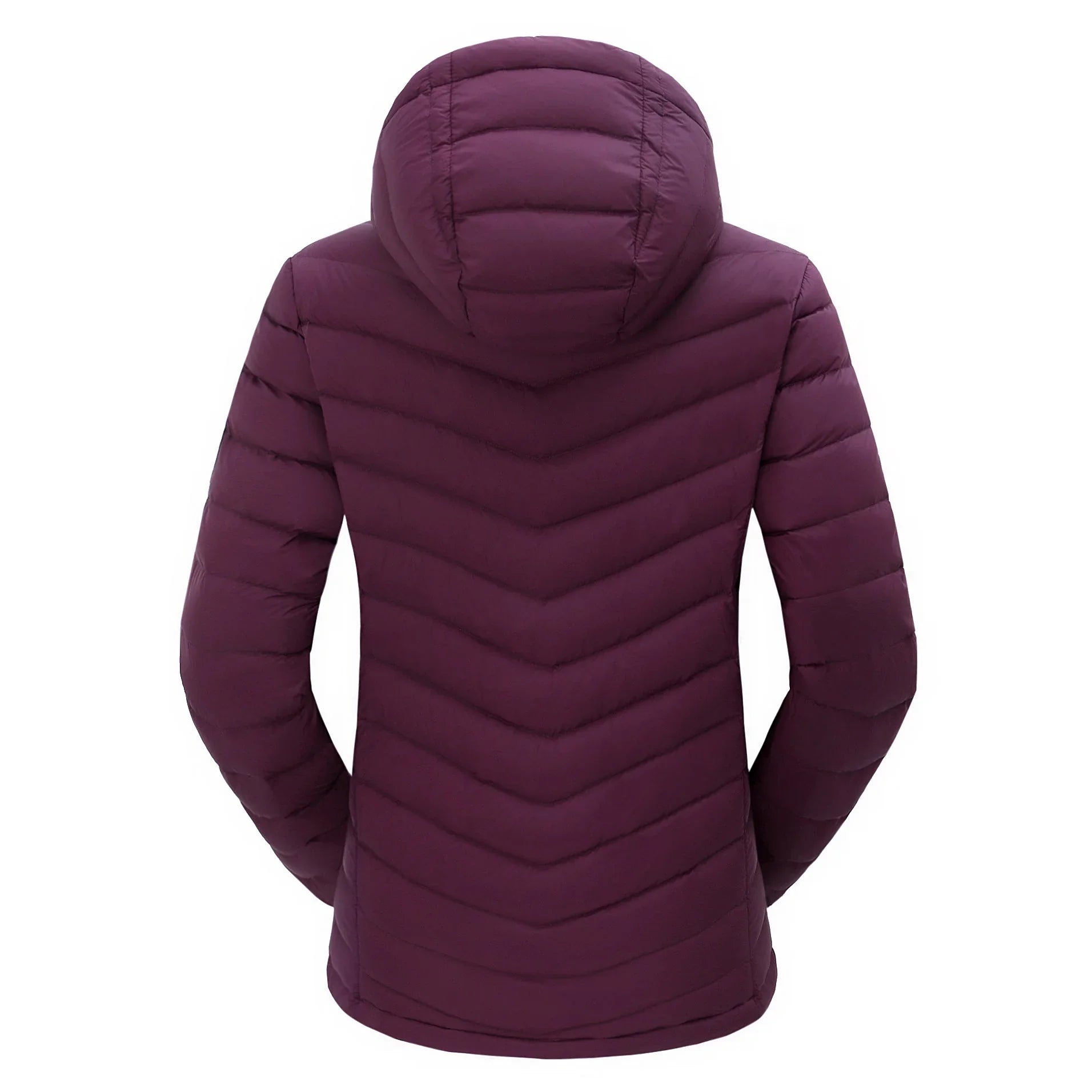 Back view of women's packable lightweight down jacket in dark purple with hood