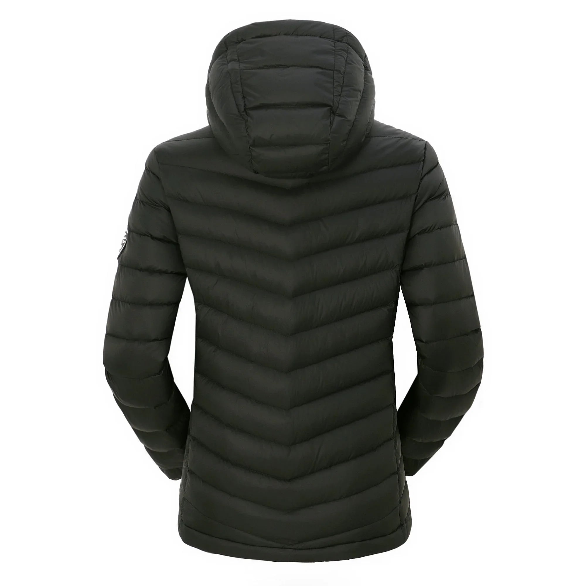 Black women's packable lightweight down jacket with hood, back view on white background