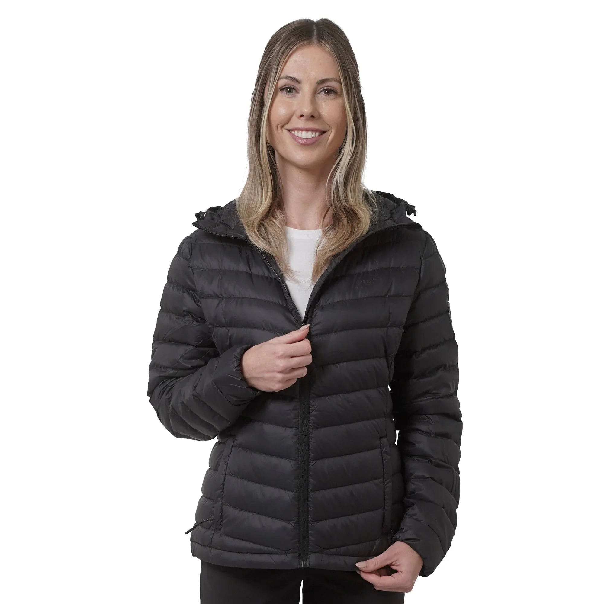 Woman wearing black packable lightweight down jacket, front view on white background