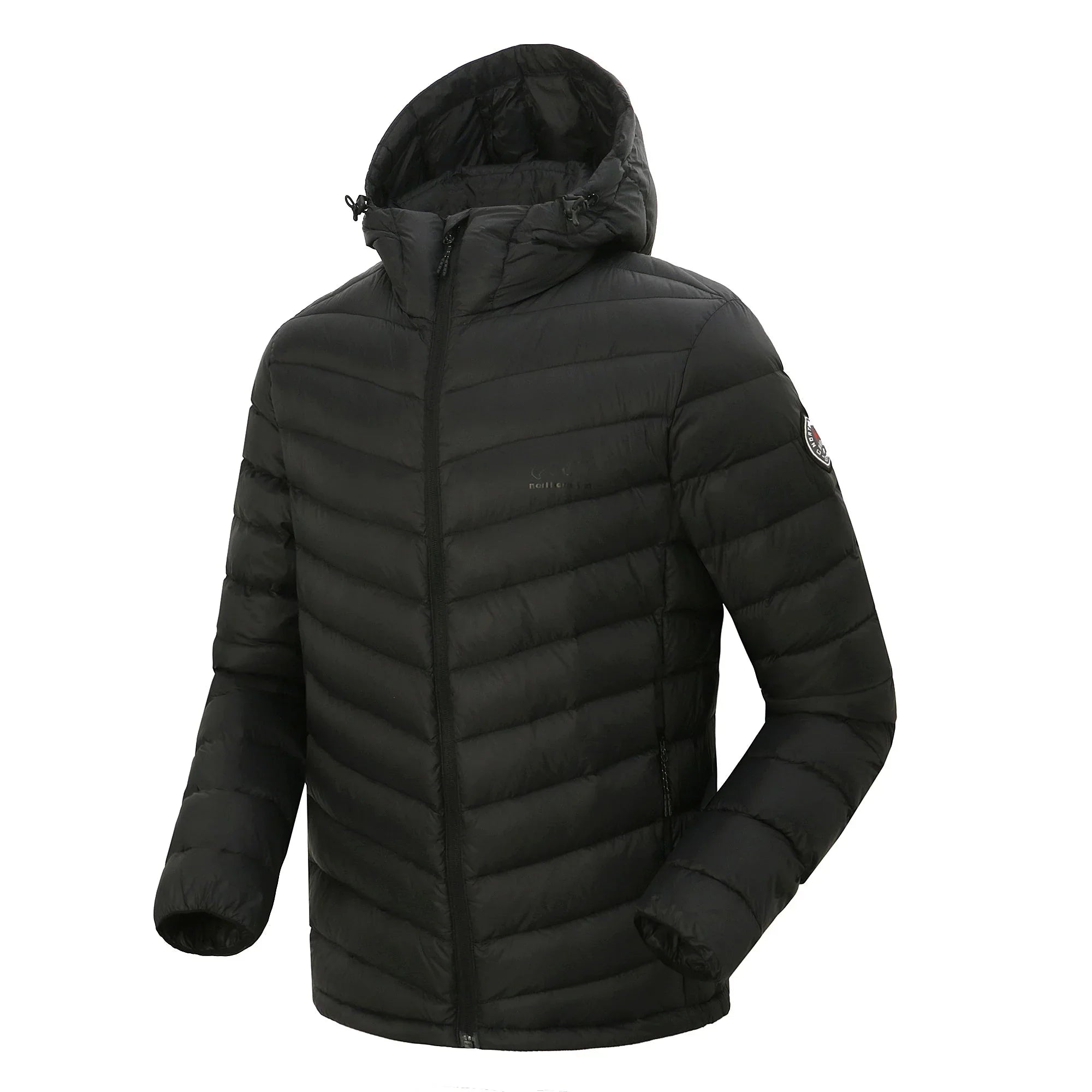 Black women's packable lightweight down jacket with hood and side zipper, studio view